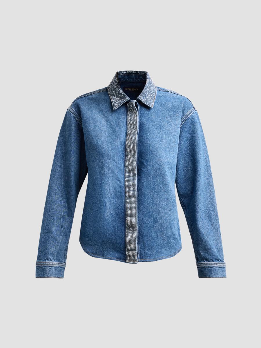 Ramy Brook Women's Alison Rhinestone-trim Denim Shirt In Rhinestone Mid Cerulean