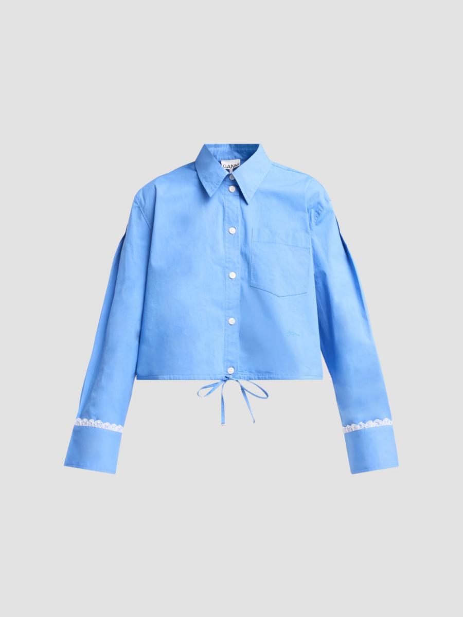 Ganni Women's Stretch Cotton Cropped Bowling Shirt In Marina