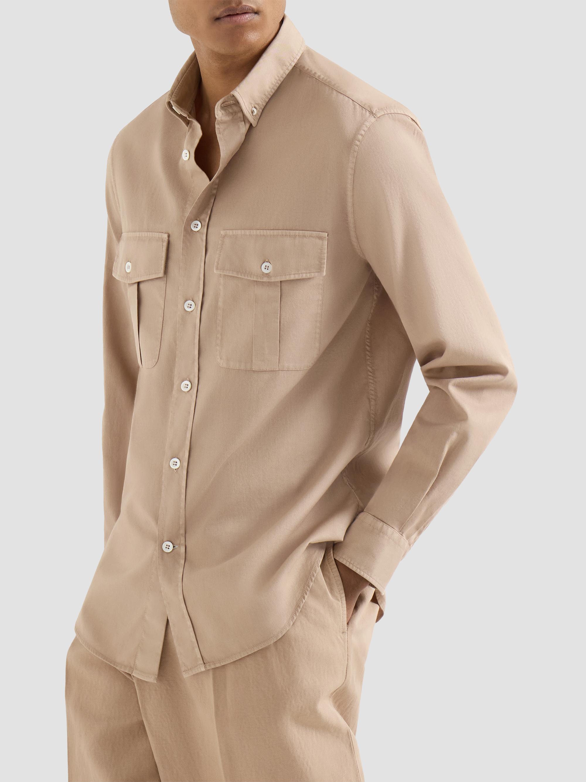 Brunello Cucinelli Men's Garment Dyed Easy Fit Shirt in Cotton Twill - Tobacco | Thumbnail 2