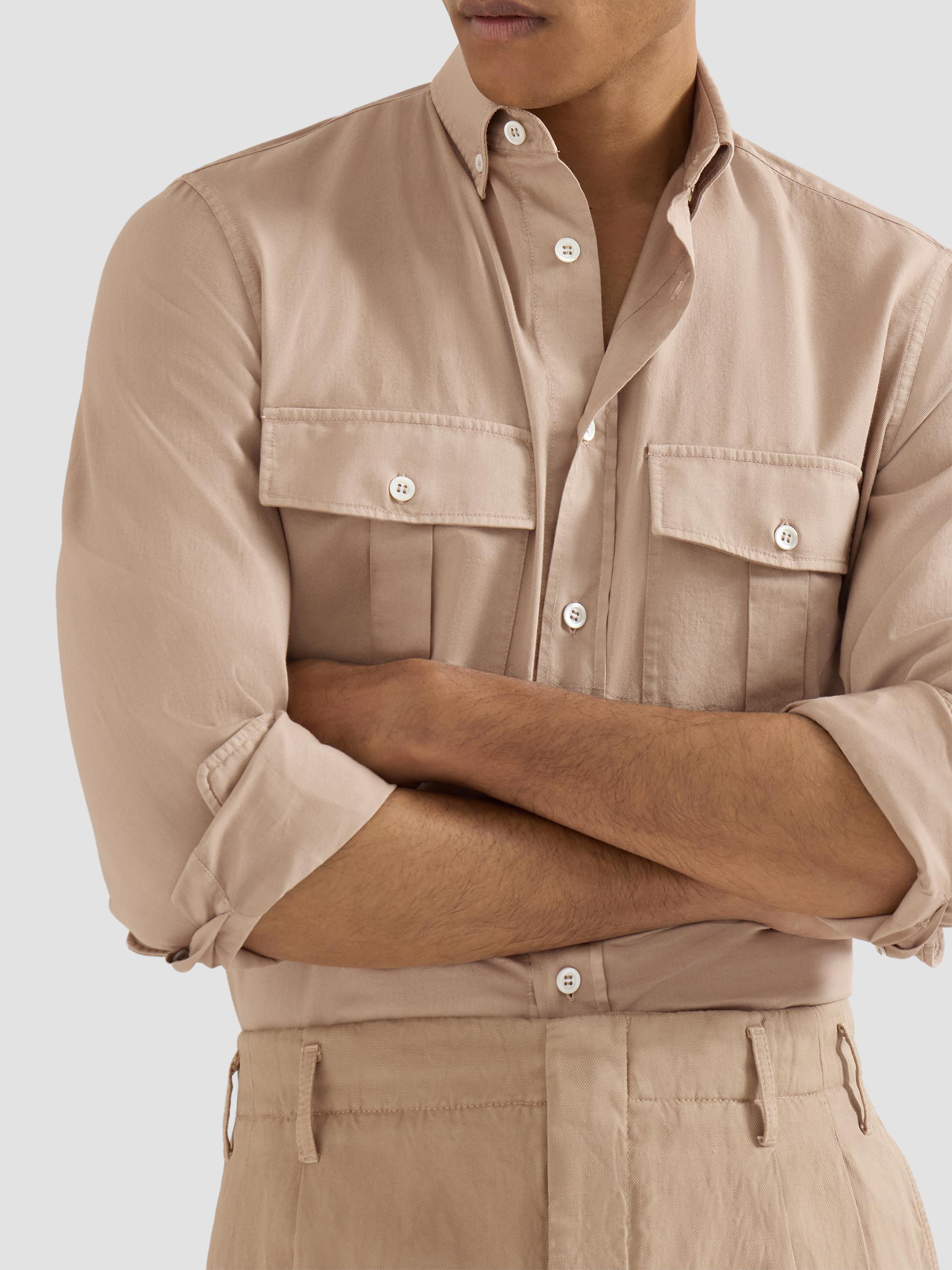 Brunello Cucinelli Men's Garment Dyed Easy Fit Shirt in Cotton Twill - Tobacco | Thumbnail 4