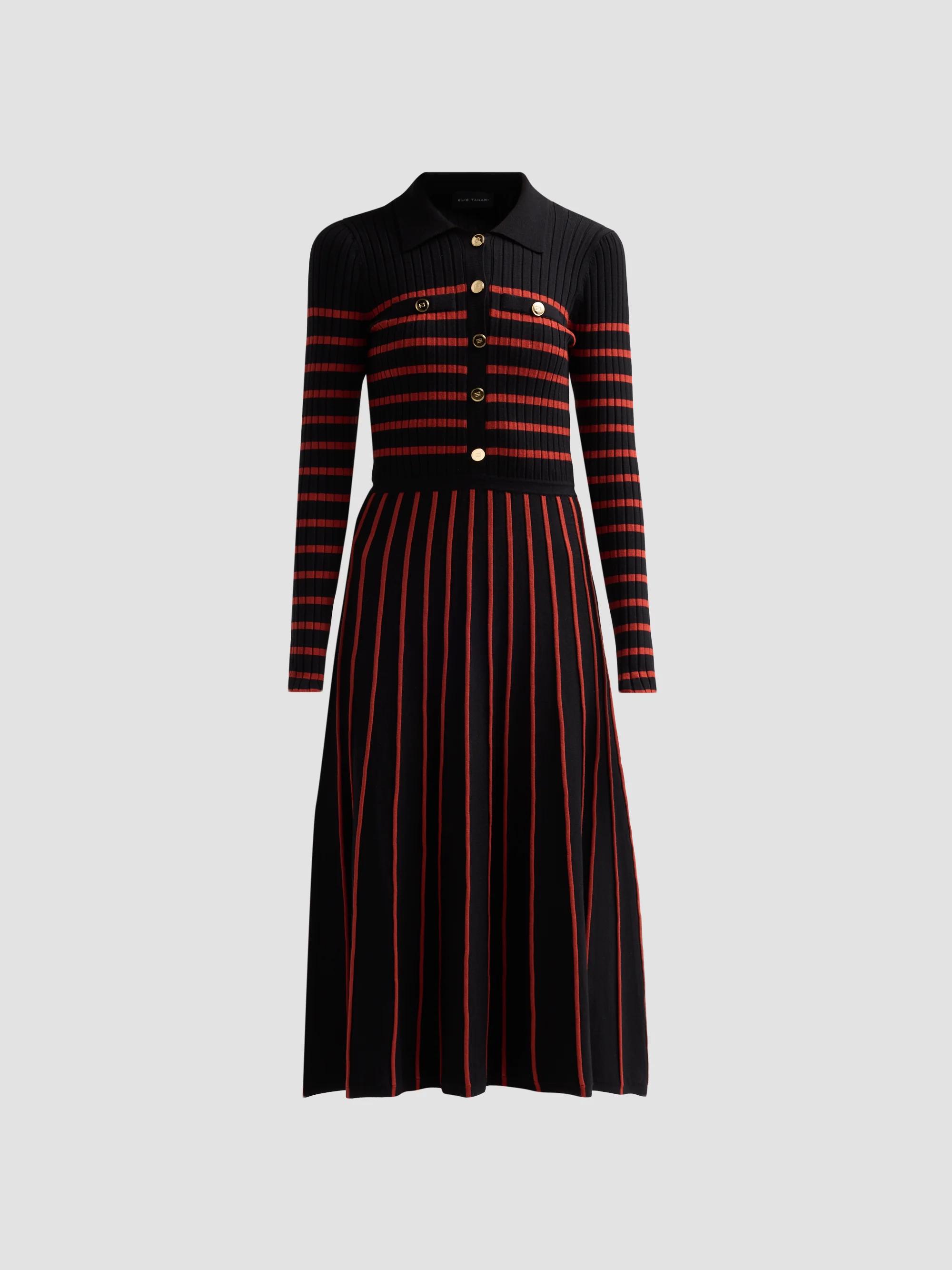 Elie Tahari Women's Elodie Long-Sleeve Collared Midi Sweater Dress - Noir/Toasted Saffron