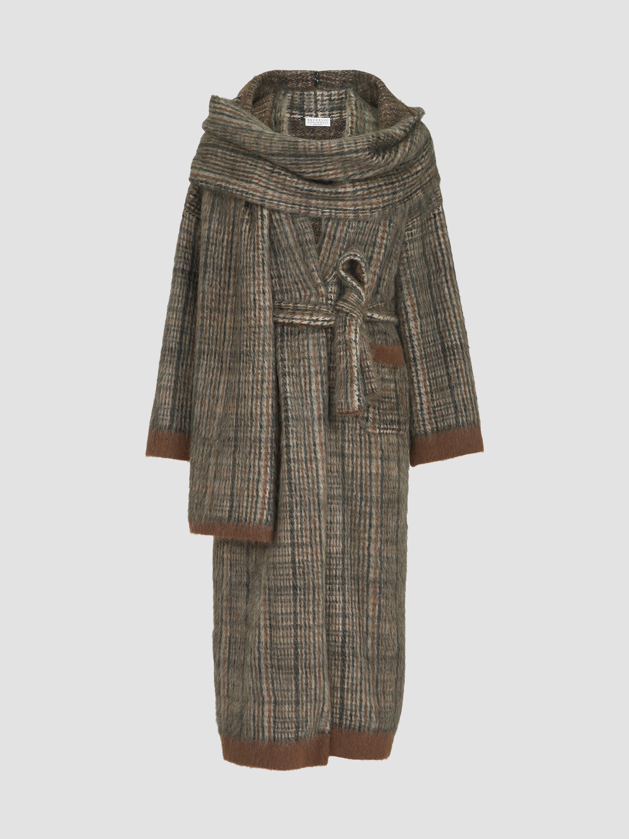 Brunello Cucinelli Women's Mohair and Wool Prince of Wales Double Knit Coat with Scarf - Brown