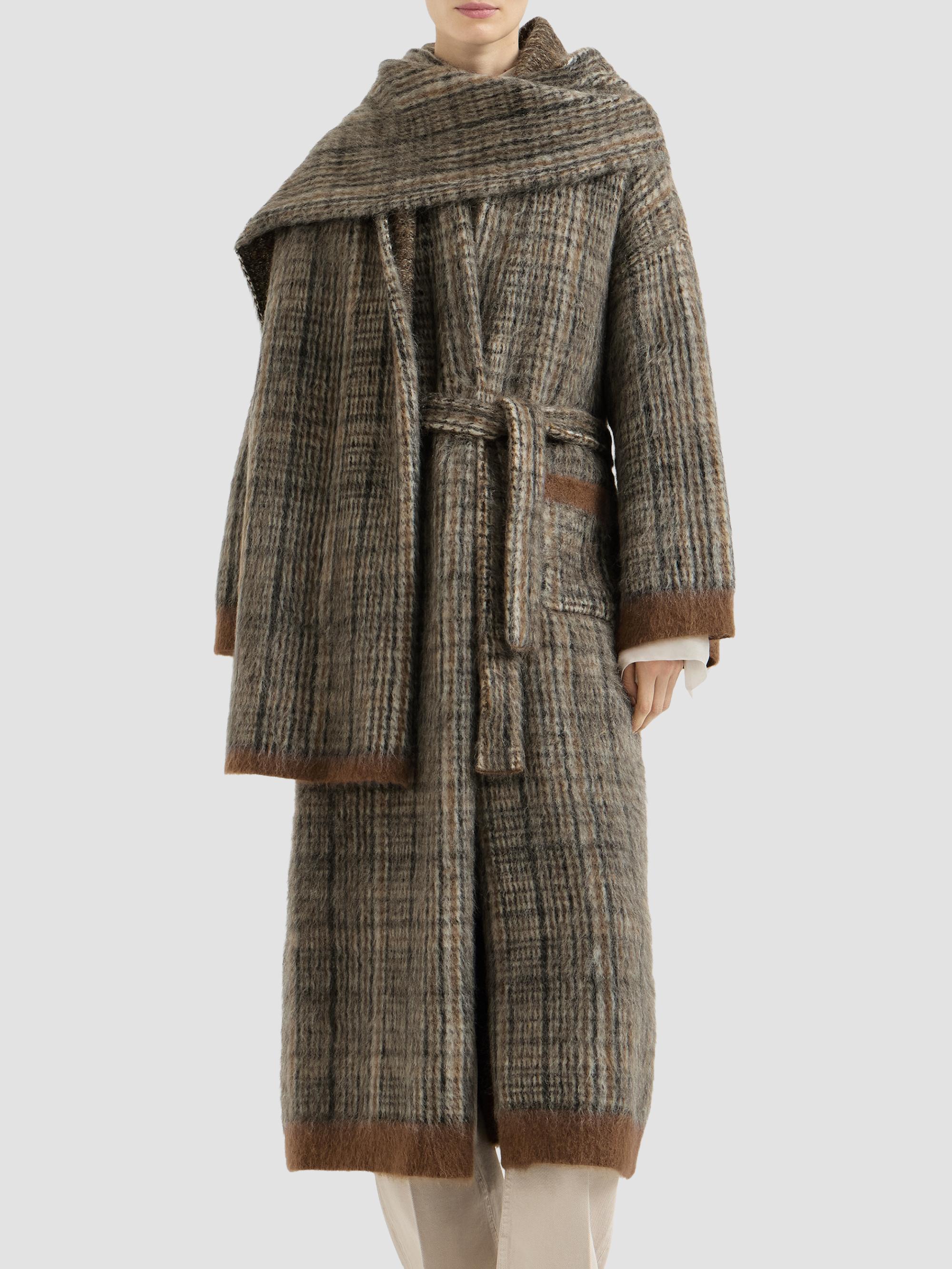 Brunello Cucinelli Women's Mohair and Wool Prince of Wales Double Knit Coat with Scarf - Brown | Thumbnail 2