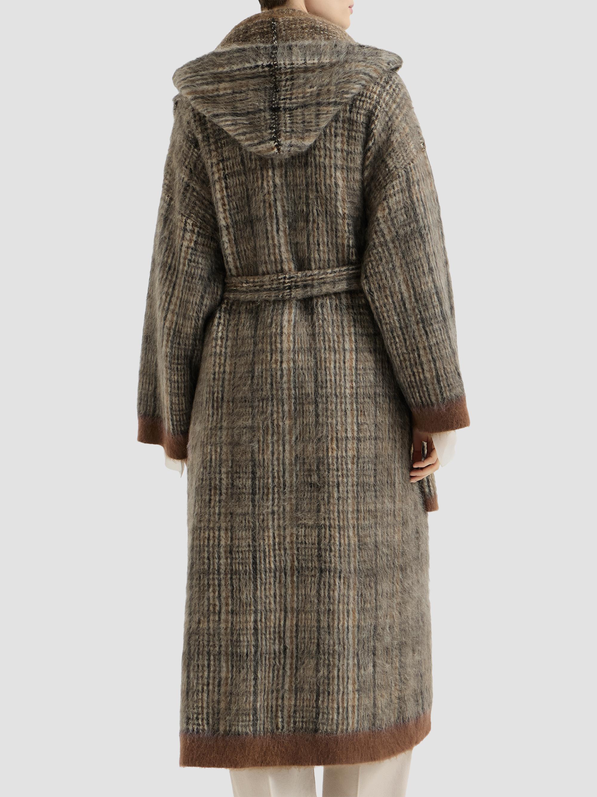 Brunello Cucinelli Women's Mohair and Wool Prince of Wales Double Knit Coat with Scarf - Brown | Thumbnail 3