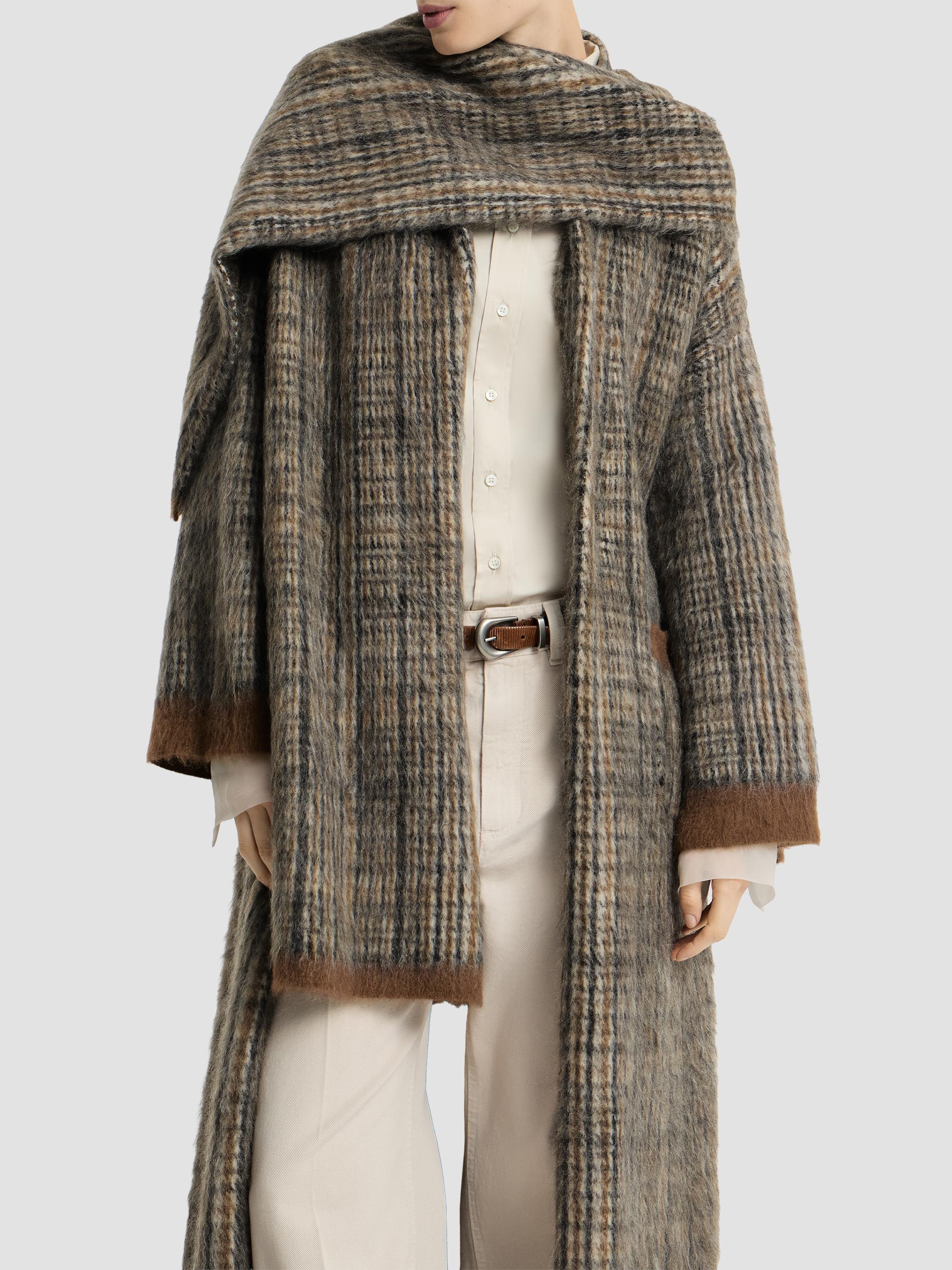Brunello Cucinelli Women's Mohair and Wool Prince of Wales Double Knit Coat with Scarf - Brown | Thumbnail 4