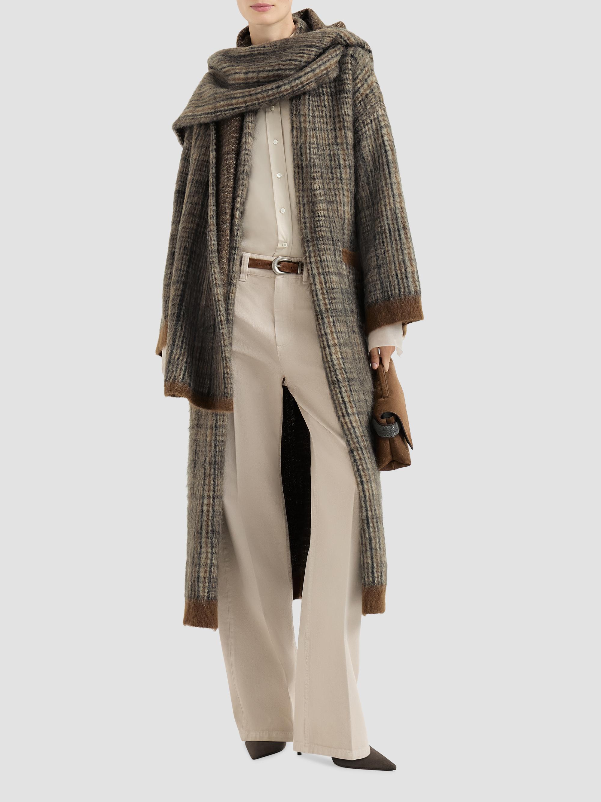 Brunello Cucinelli Women's Mohair and Wool Prince of Wales Double Knit Coat with Scarf - Brown | Thumbnail 6