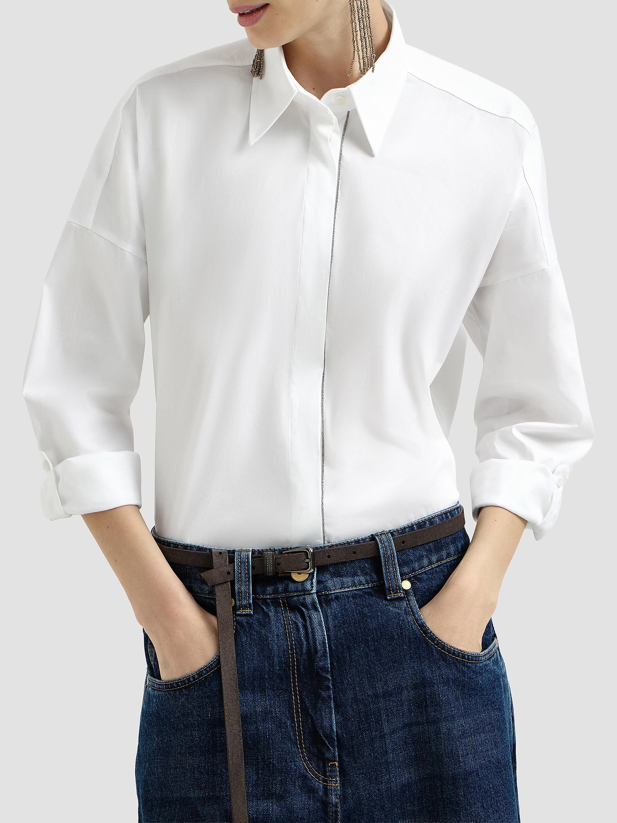 Brunello Cucinelli Women's Stretch Cotton Poplin Shirt with Shiny Trim - White | Thumbnail 2