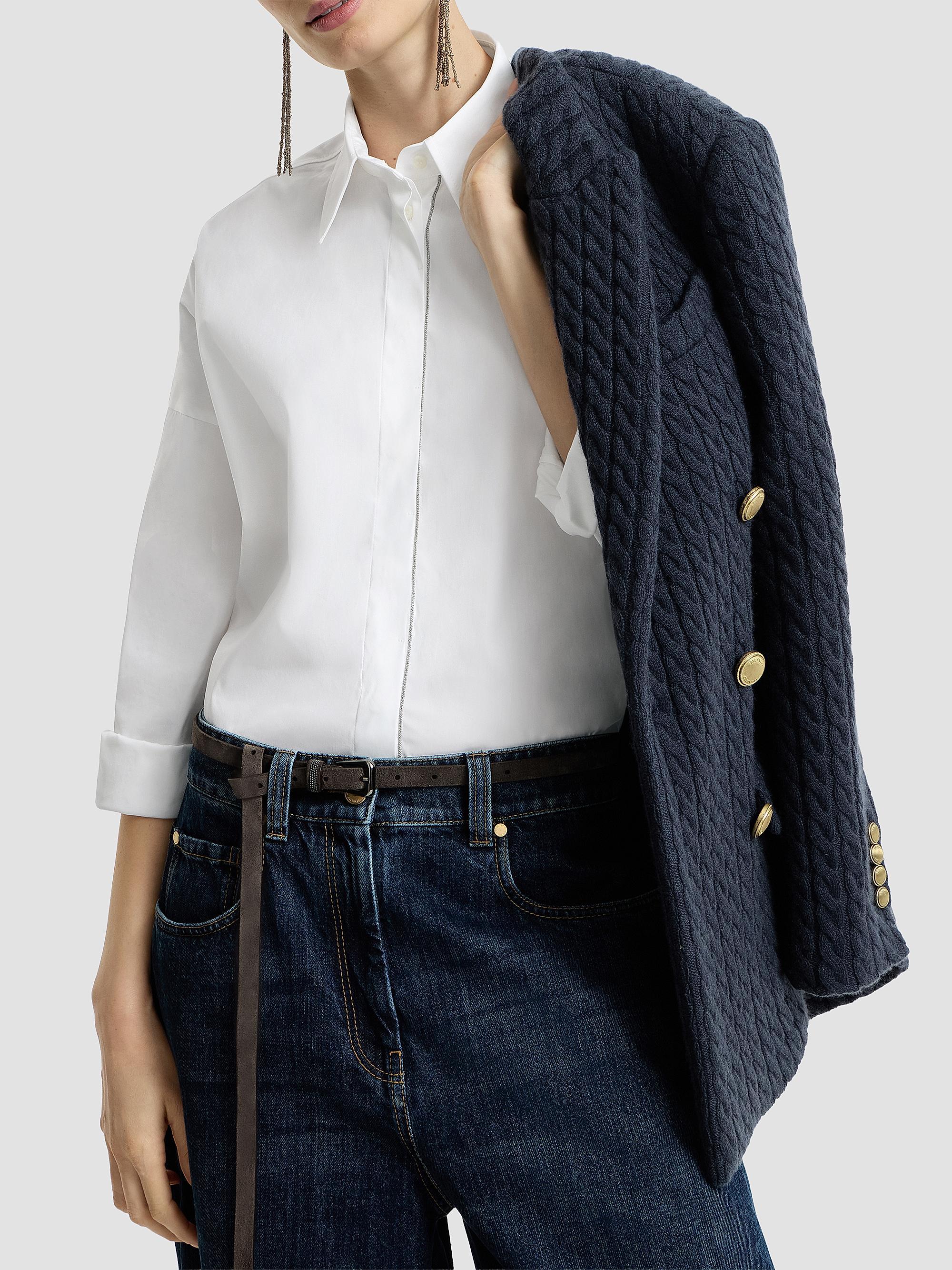 Brunello Cucinelli Women's Stretch Cotton Poplin Shirt with Shiny Trim - White | Thumbnail 4