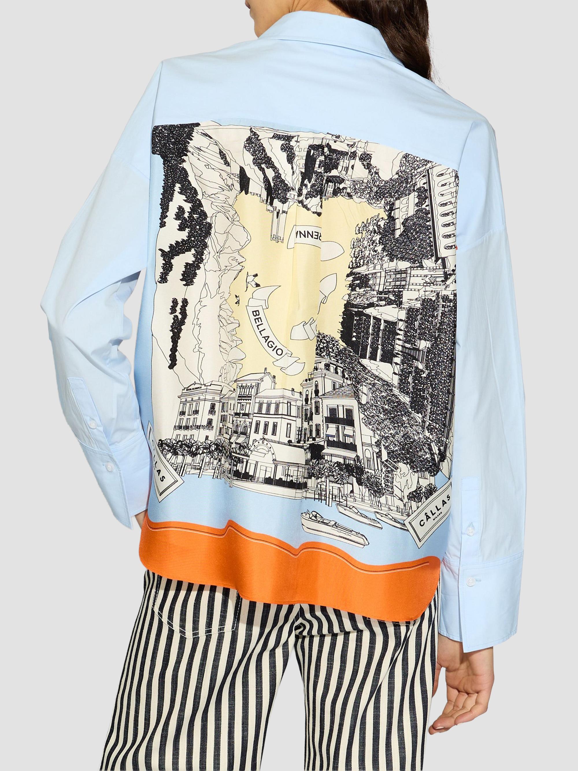 Callas Milano Women's Sirene Poplin Shirt with Silk Twill Lake Como Print Scarf Back - Pale Blue