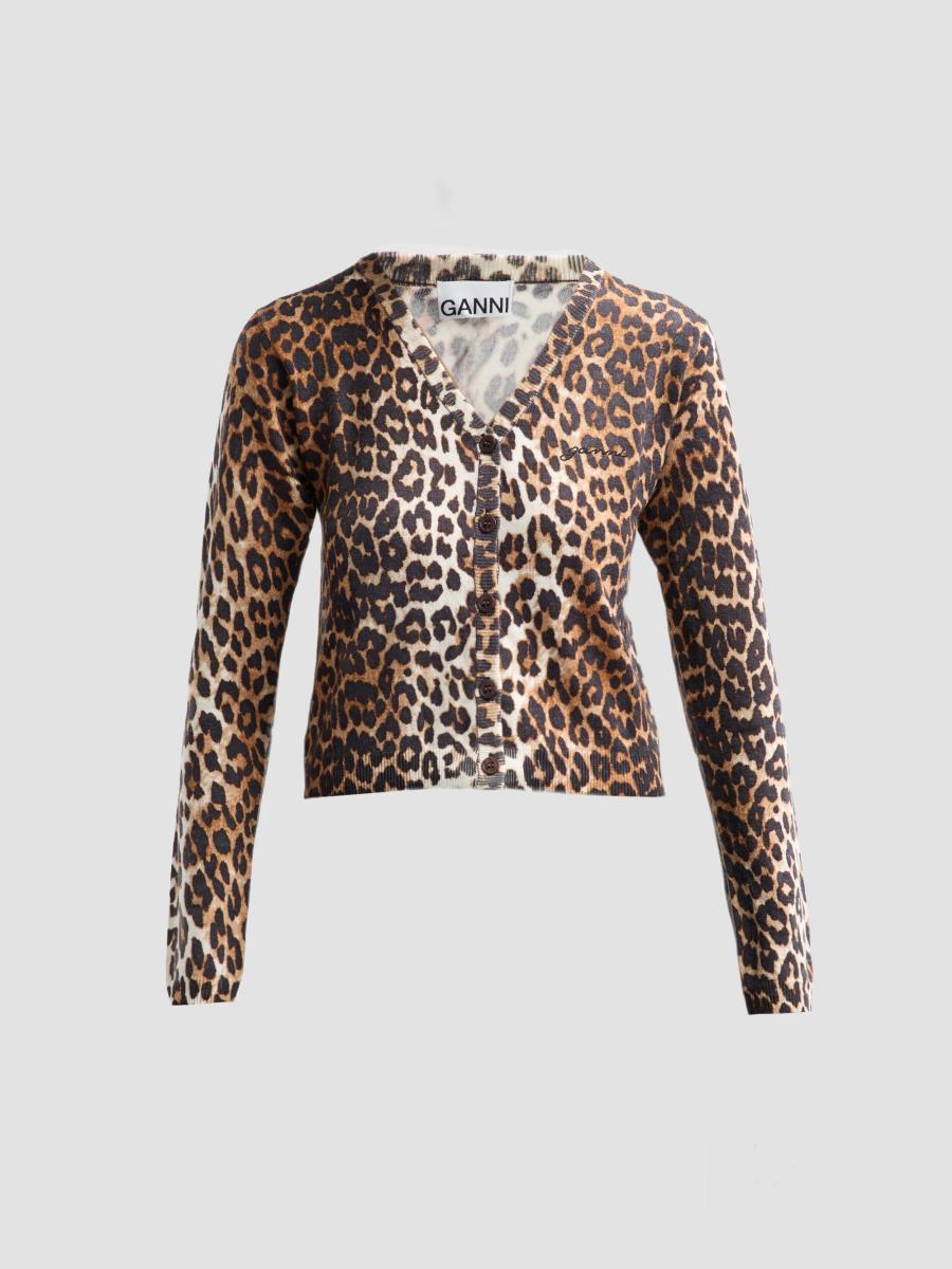 Ganni Women's Leopard-print Wool Cardigan In Almond Milk