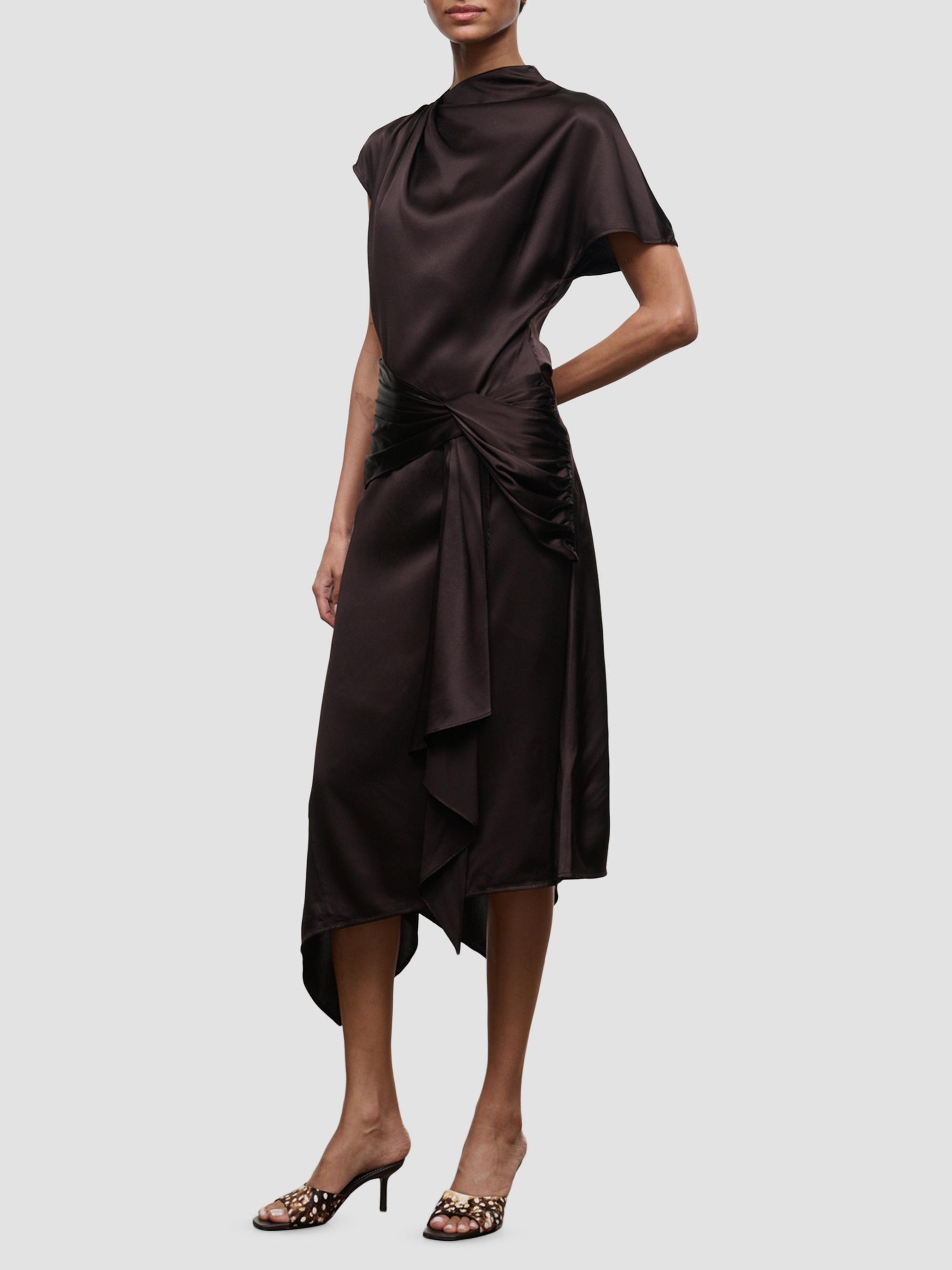 Davina Front-Knot Asymmetric Satin Midi Dress
