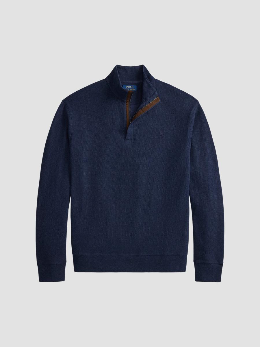 Polo Ralph Lauren Men's Herringbone-print Jersey Quarter-zip Sweater In Navy Heather