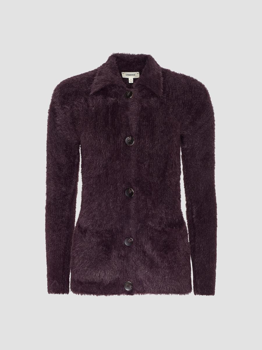 L'agence Women's Mist Fuzzy Collared Cardigan In Dark Plum