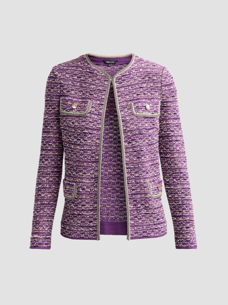 Misook Women's Eyelash Ribbon Knit Jacket In Fresh Purple Biscotti