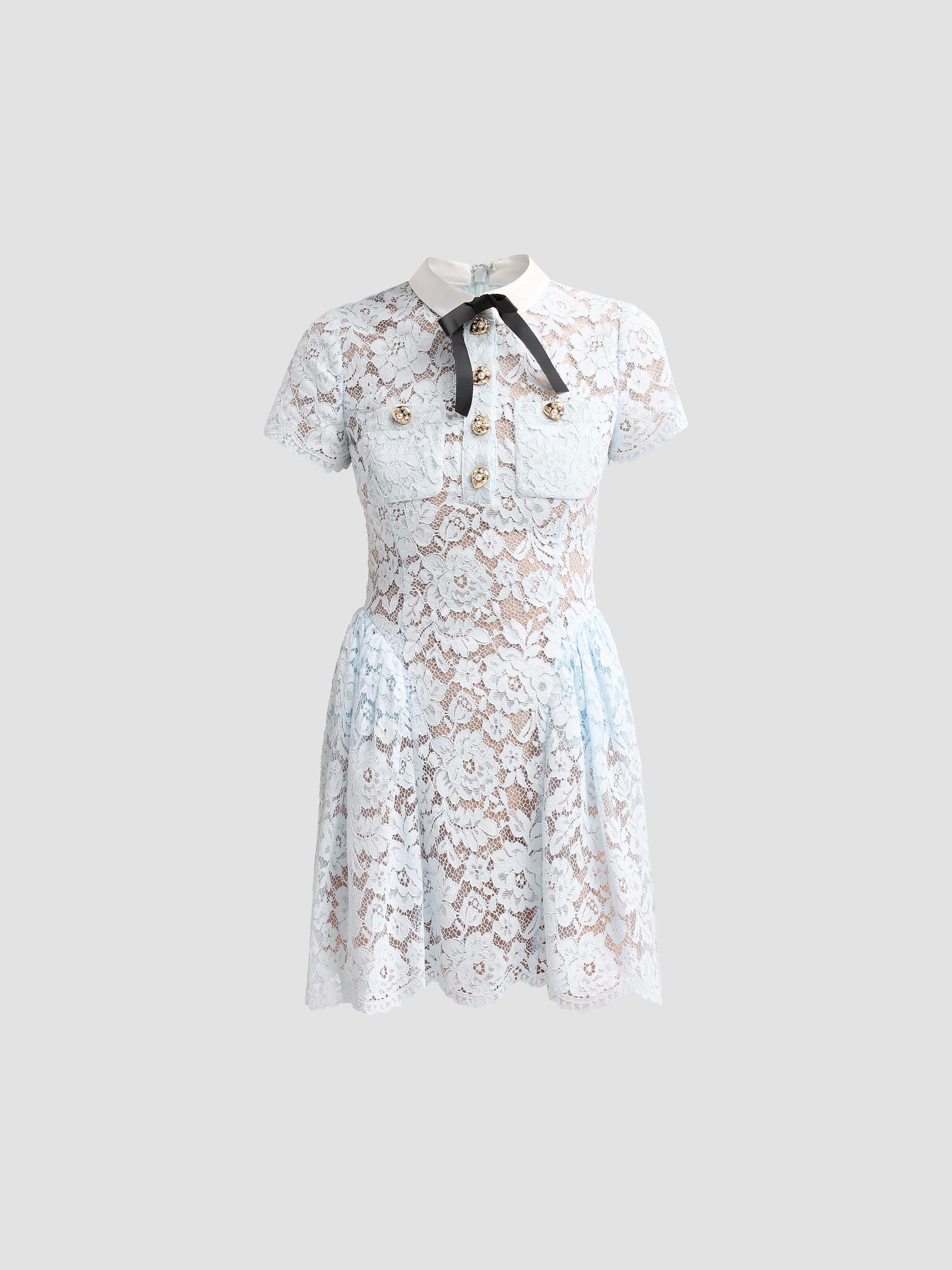 self-portrait フローラルミニワンピース UK6 Self-Portrait Lace Flared Mini Dress | Saks Fifth Avenue
