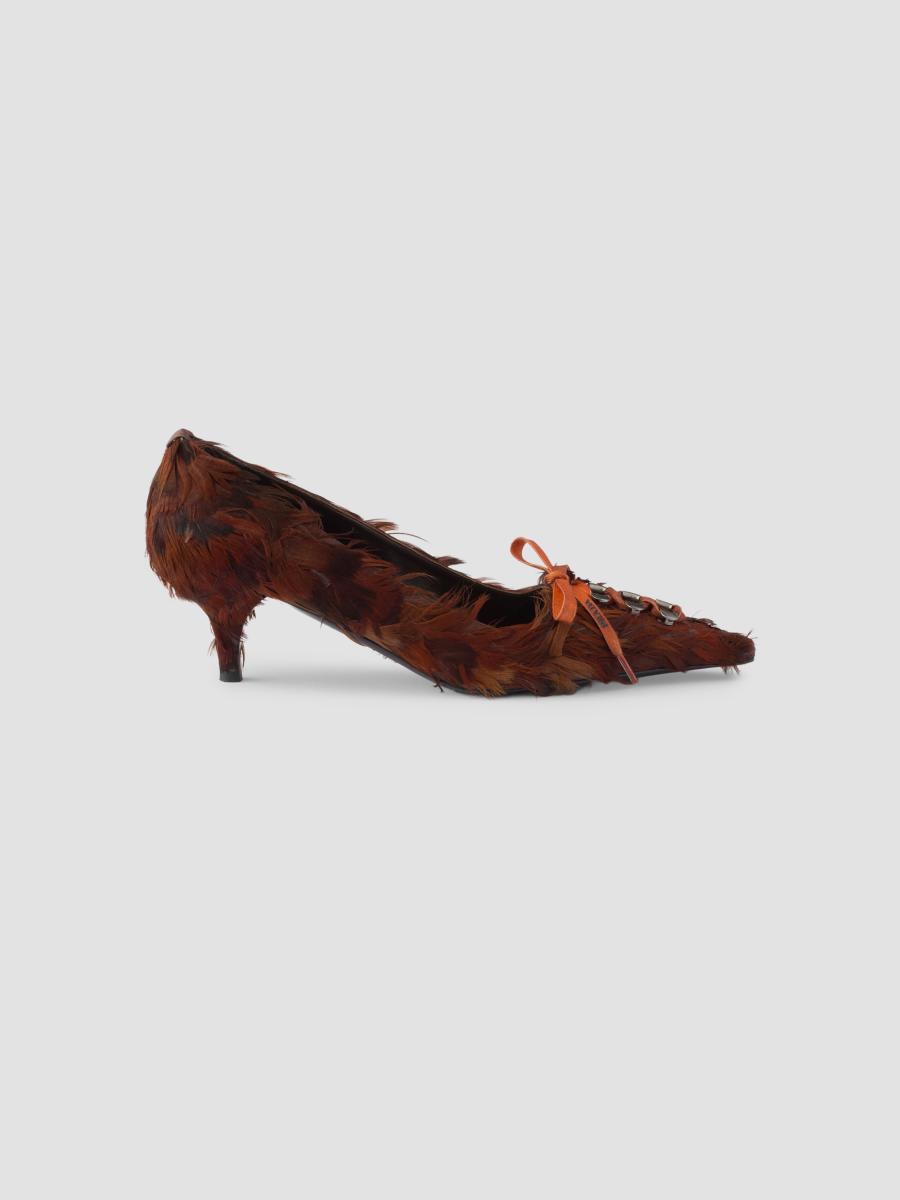 Prada Women's Feather Embellished Satin Pumps In Brown