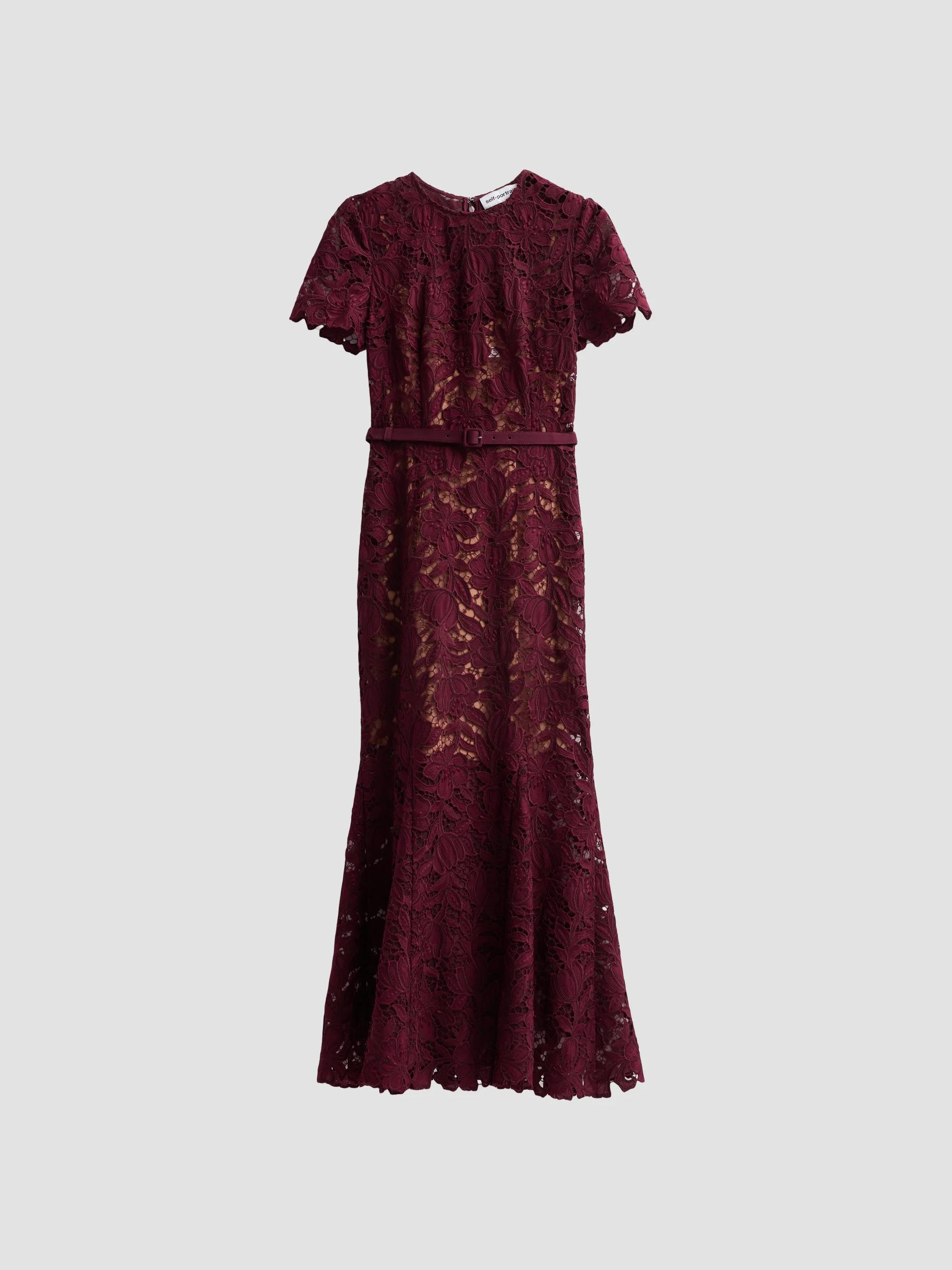 self portrait burgundy lace midi dress Self-Portrait Contrast Collar while the mid model:Classic Cap Toe Amaris Dress, Houndstooth Black/Pearl Set:Dress & Headband