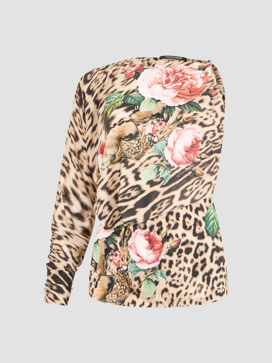 Roberto Cavalli Floral Cheetah-Print One-Sleeve Blouse | Saks Fifth Avenue