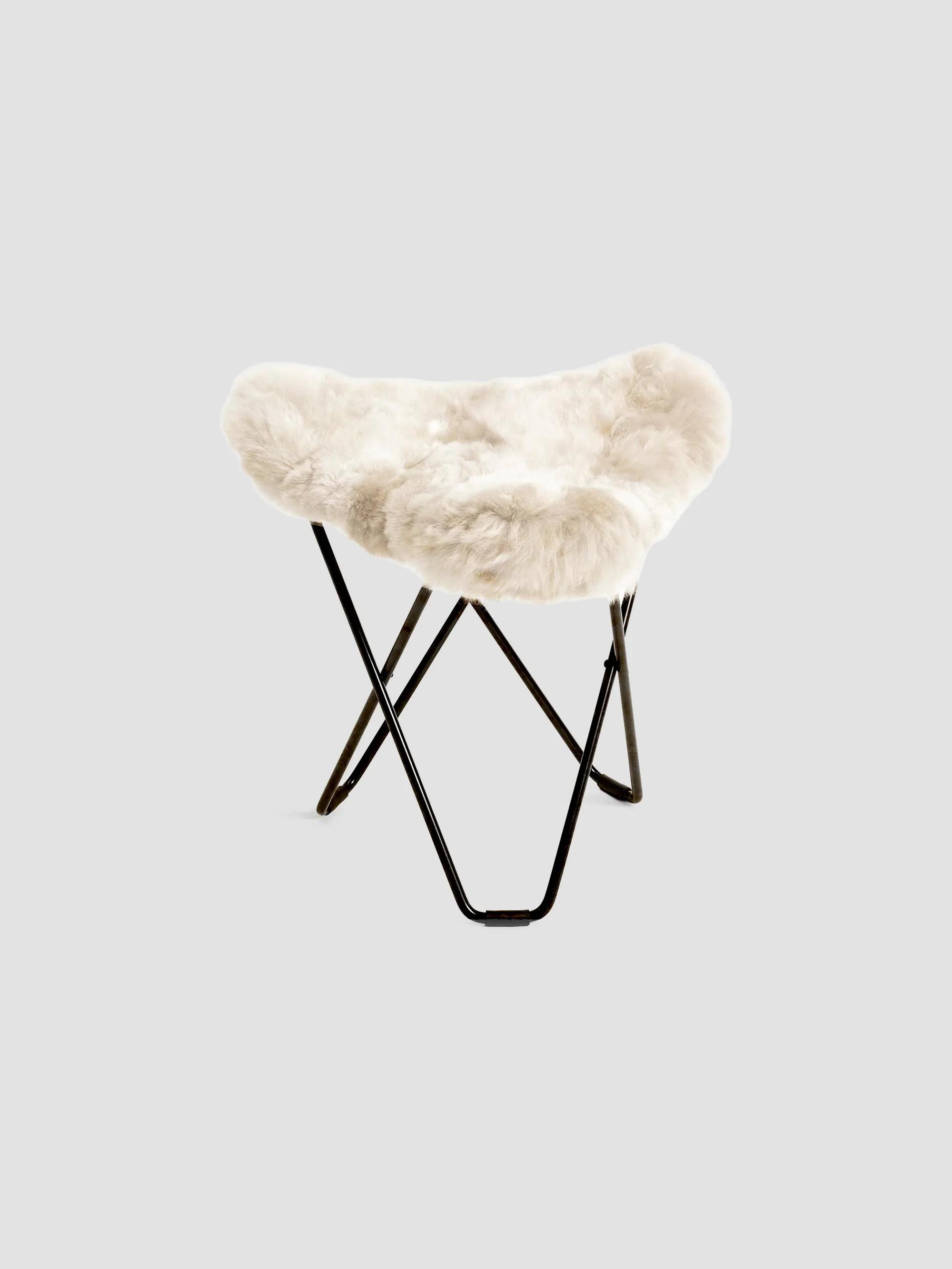 Mariposa Alpaca Fur & Steel Butterfly Ottoman - Offwhite Beige