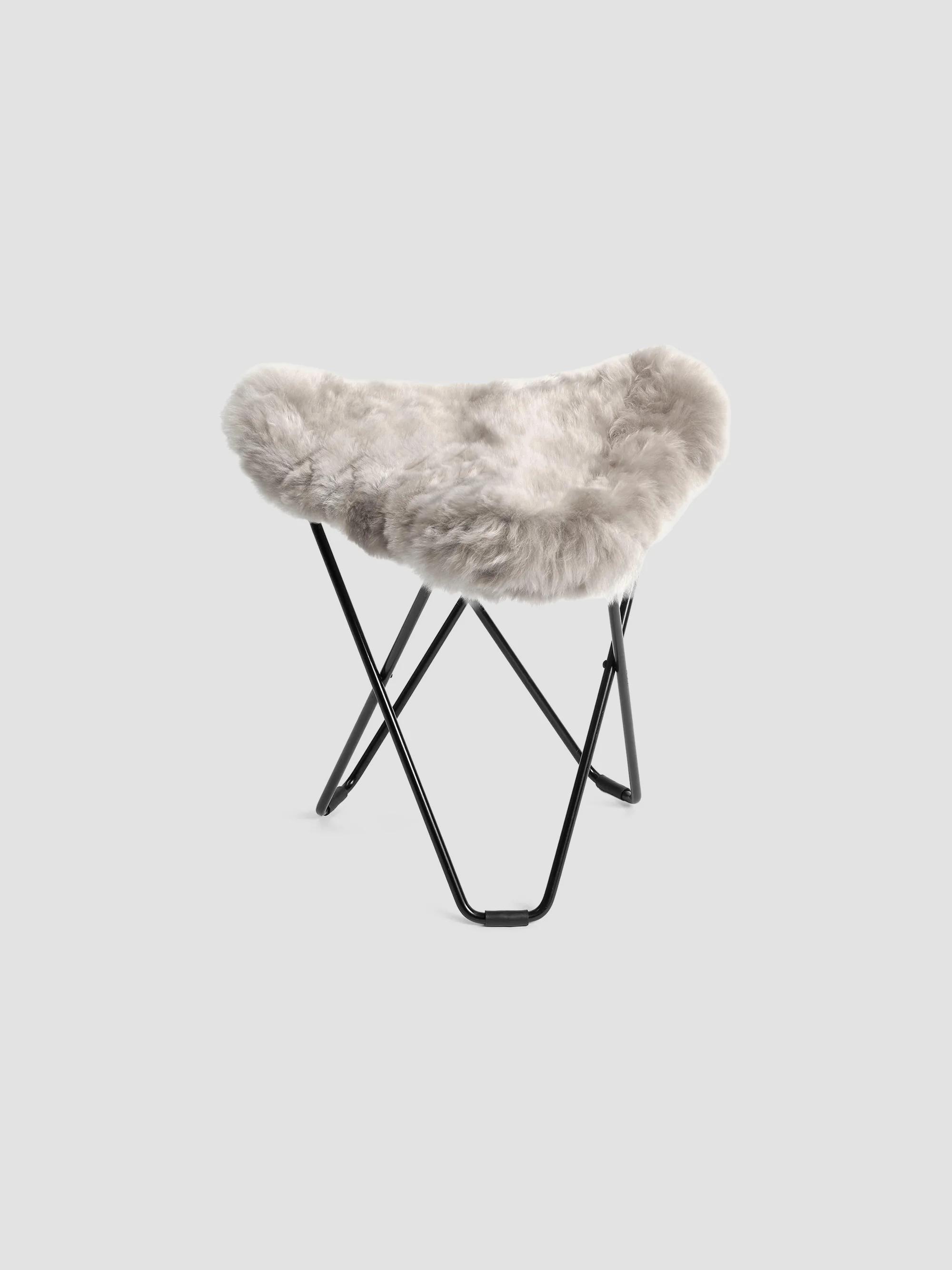 Mariposa Alpaca Fur & Steel Butterfly Ottoman - Silver Grey