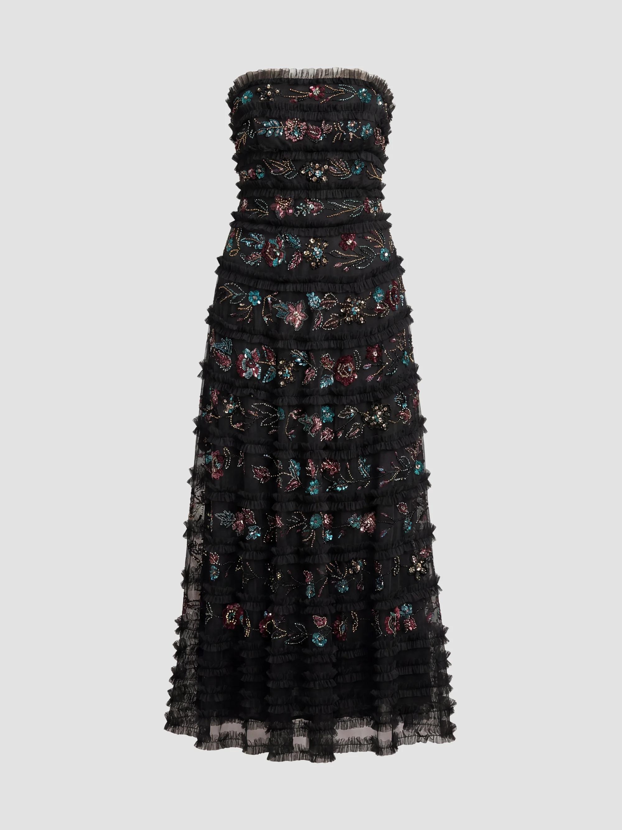 mac duggal strapless tiered ruffled a-line midi dress Floral Midi-Dress dress_type:maxi 90s outfit idea | Size:16 US line silhouette builds drama