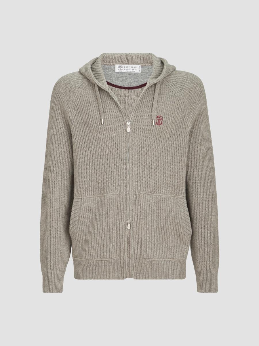 Brunello Cucinelli Men's Cashmere English Rib Hooded Knit Sweatshirt In Stone Grey