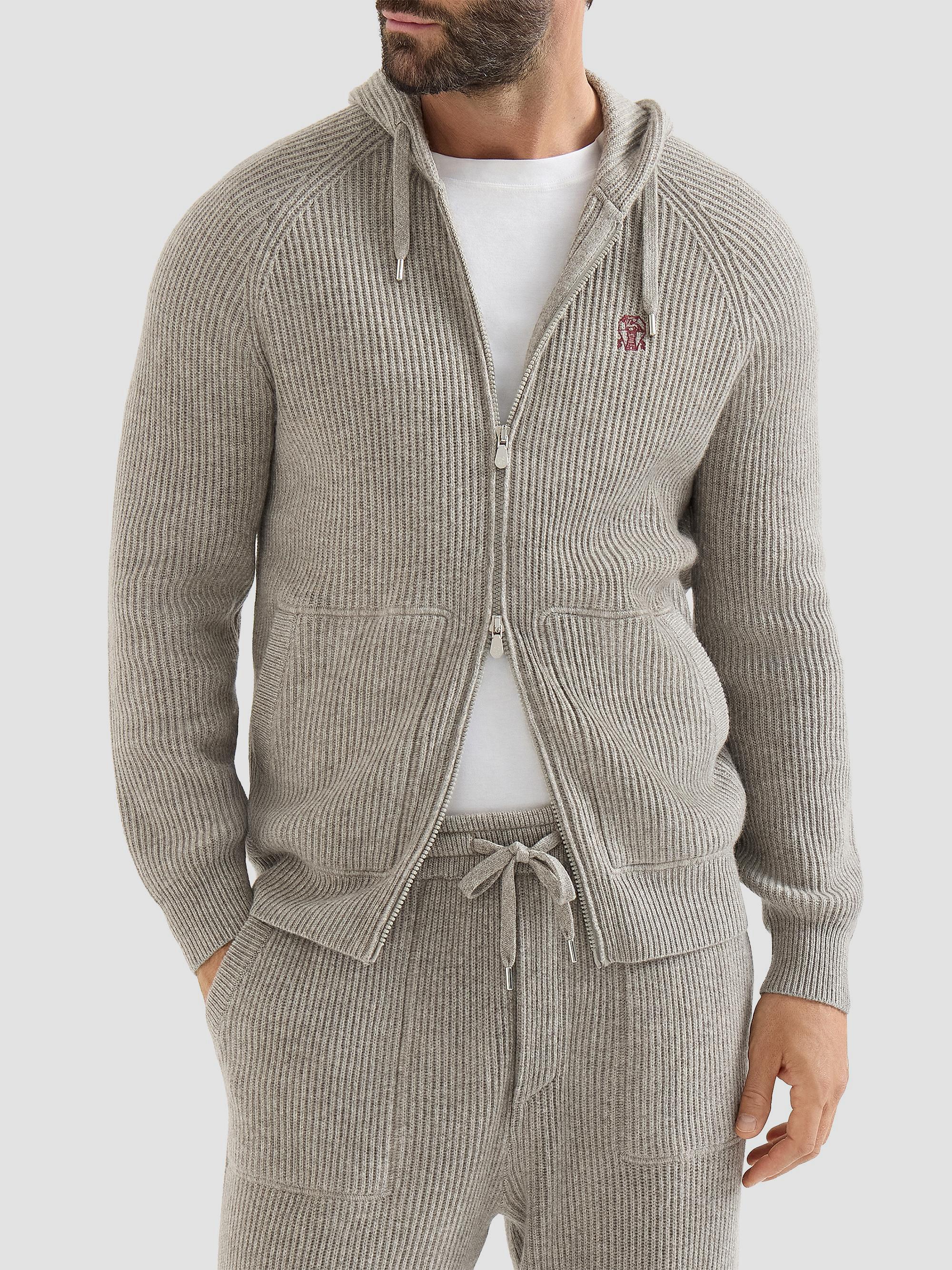 Brunello Cucinelli Cashmere English Rib Hooded Knit Sweatshirt