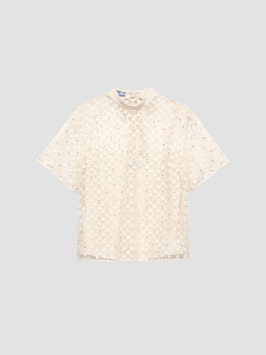 Prada Embroidered Lace Top In Beige Khaki