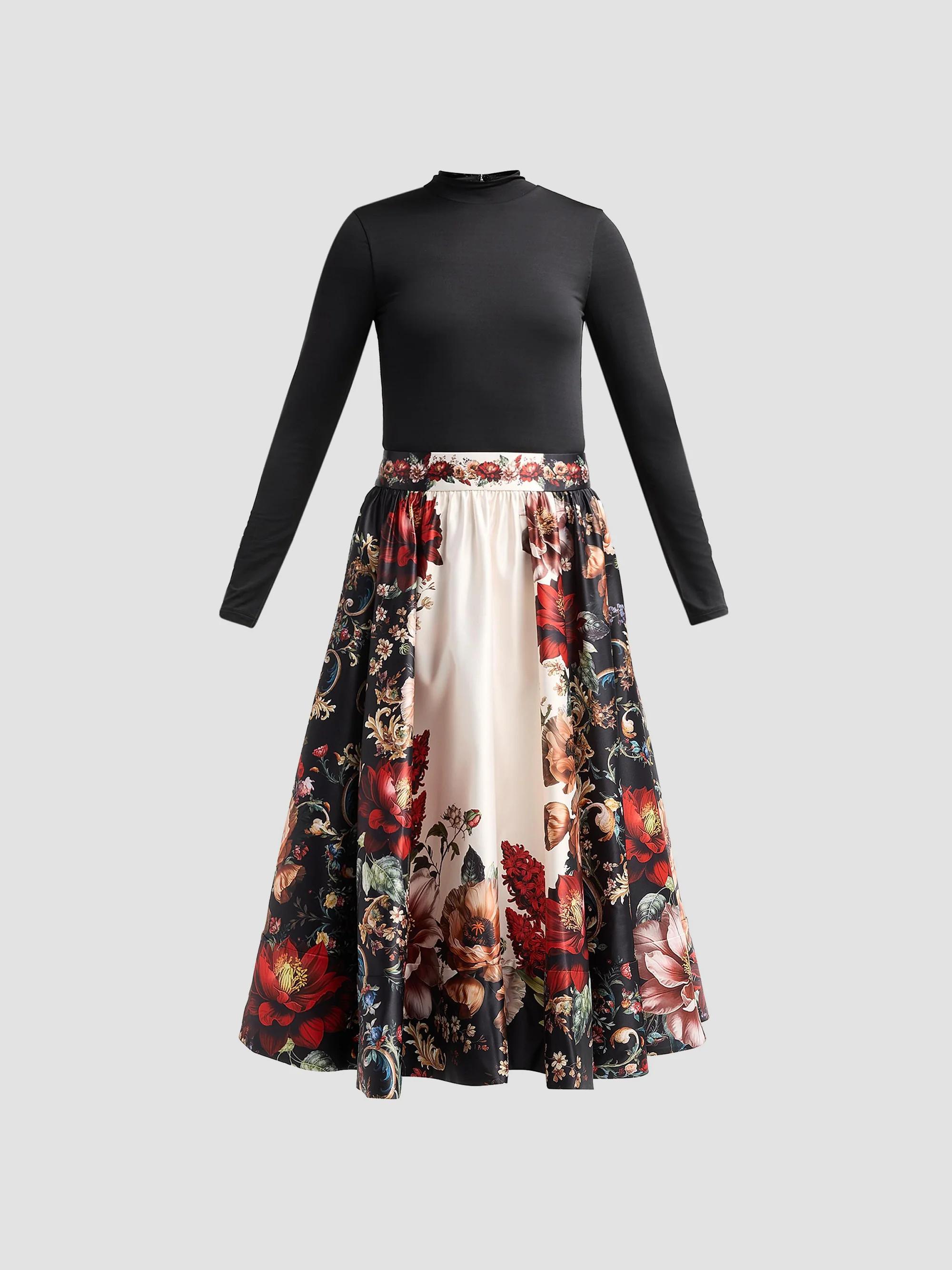 Chara Turtleneck Floral Flare Skirt Midi Dress