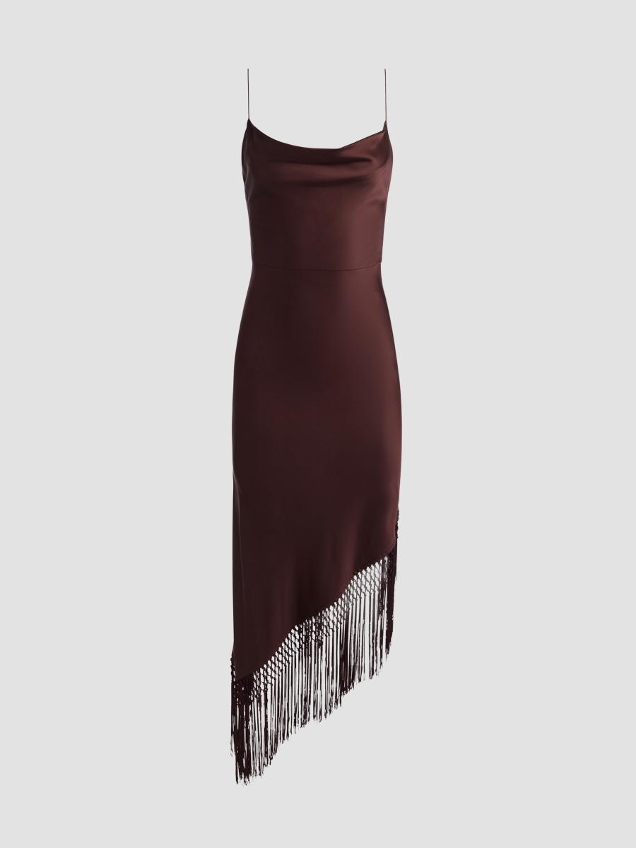 Alice And Olivia Women's Harmony Drapey Slip Fringe Midi Dress In Dark Chocolate