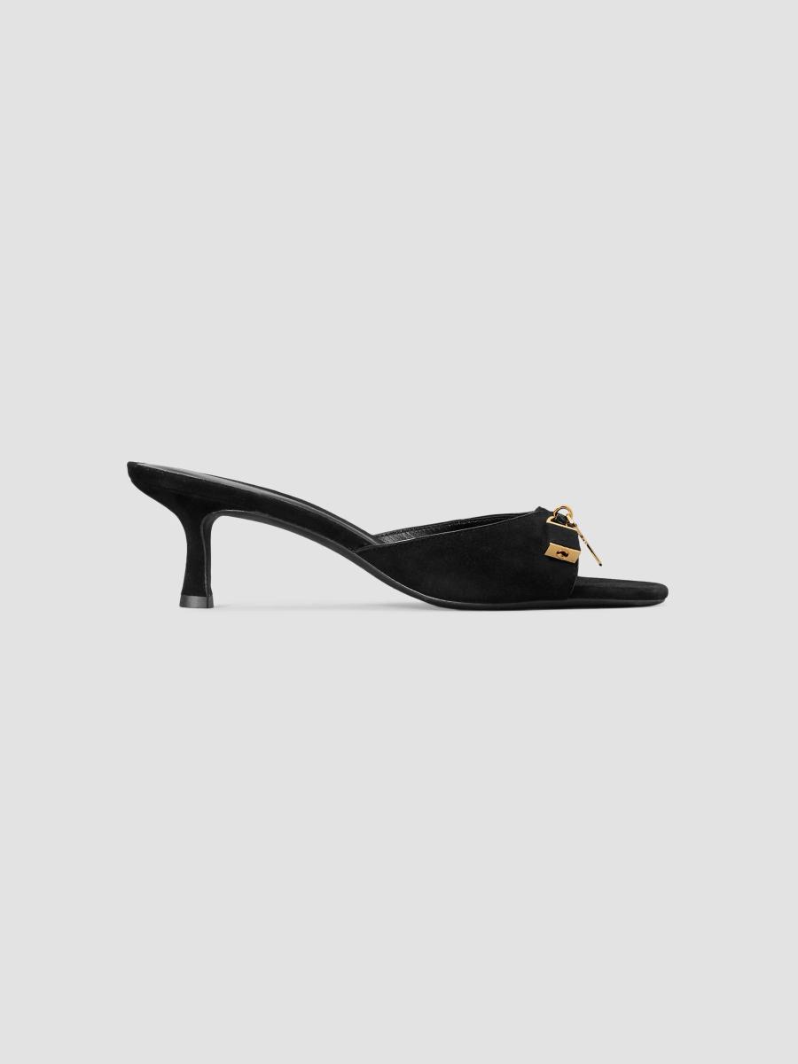 Tory Burch Women's Lock 55mm Suede Kitten-heel Sandals In Perfect Black