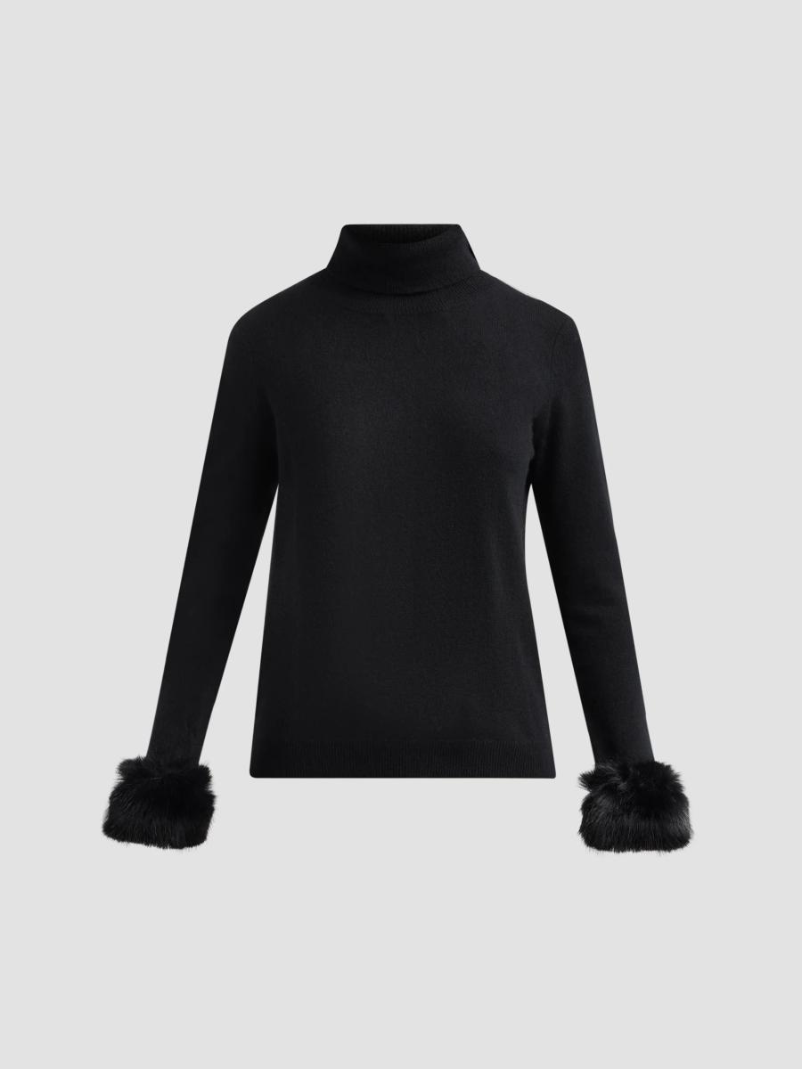 Sofia Cashmere Women's Private Label Turtleneck Faux-feather-cuff Cashmere Sweater In Black