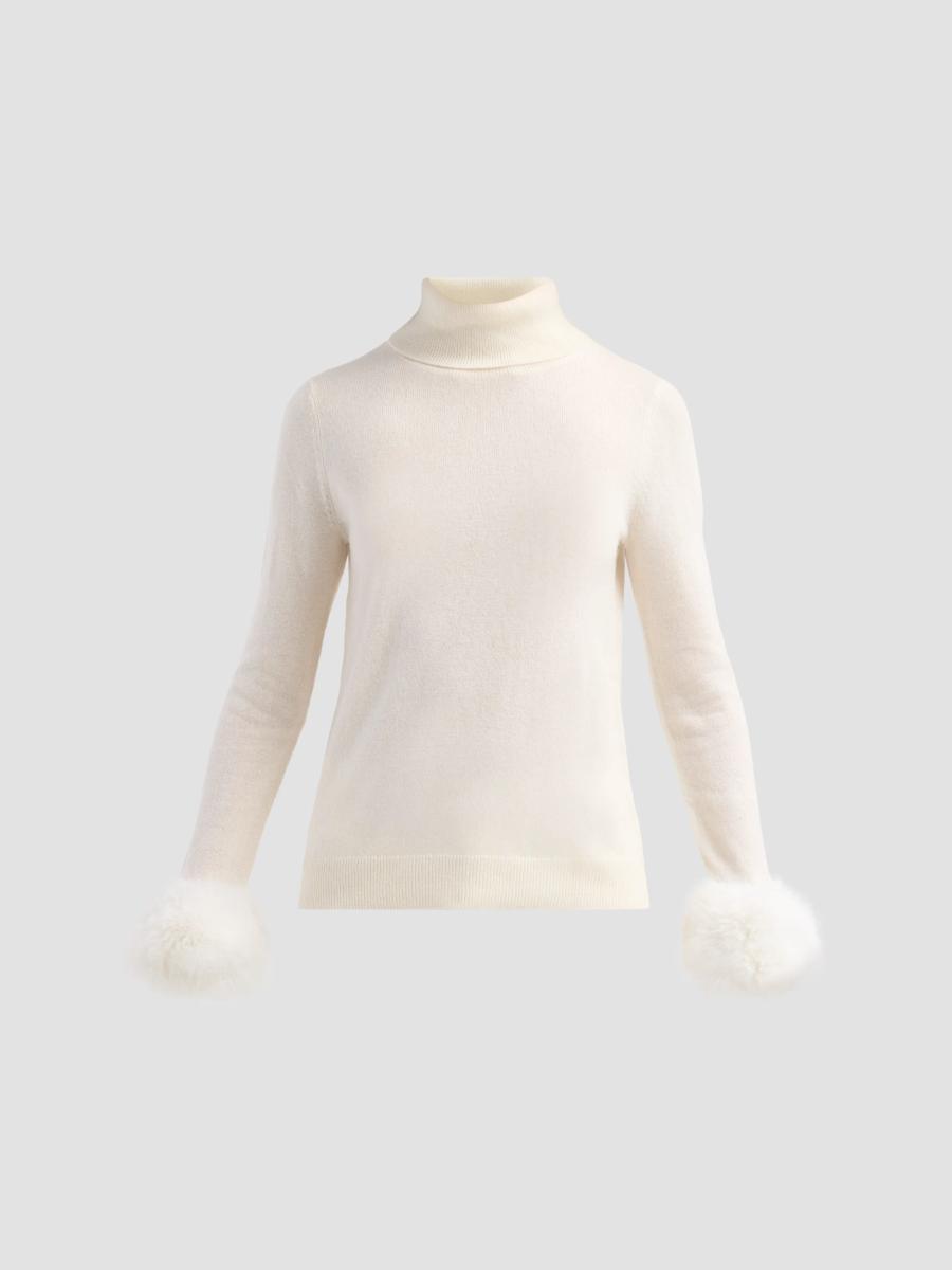 Sofia Cashmere Women's Private Label Turtleneck Faux-feather-cuff Cashmere Sweater In Ivory