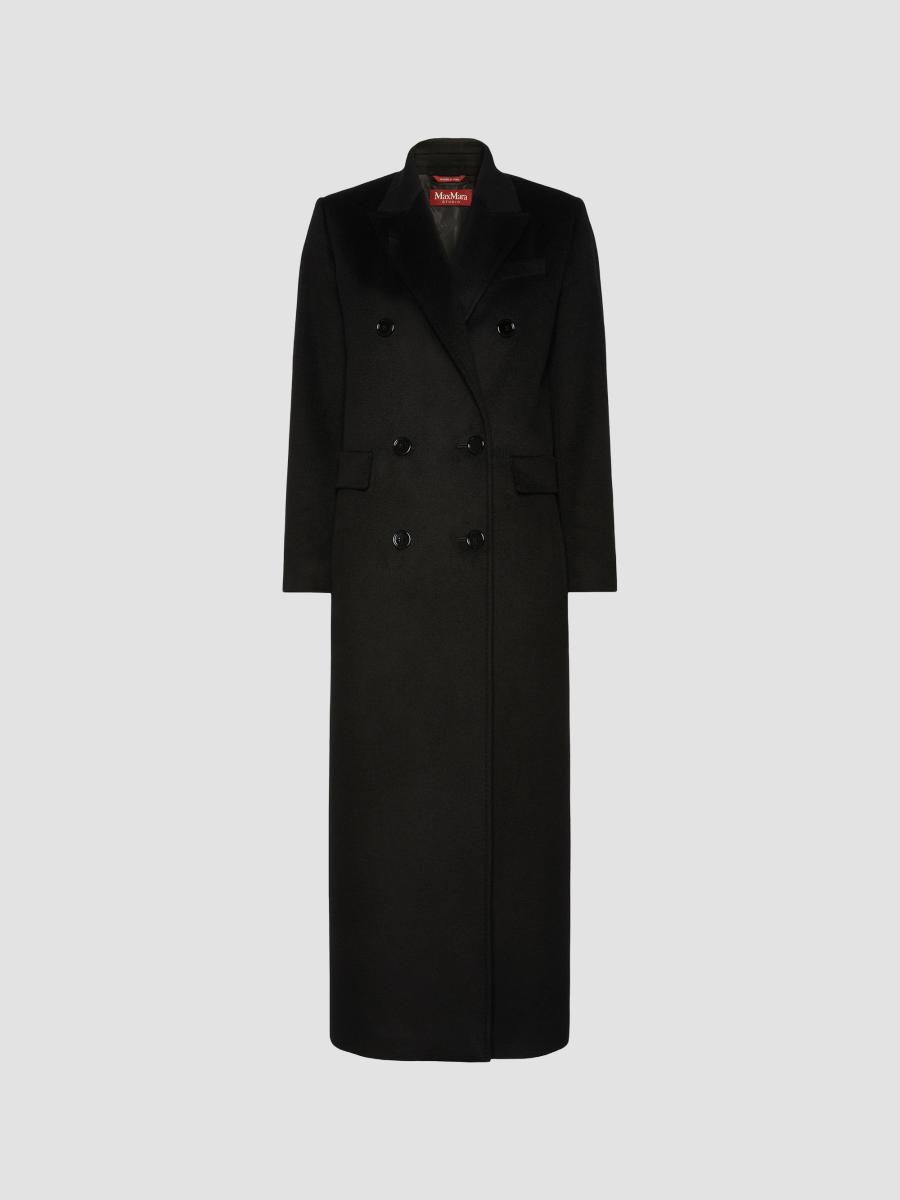 Max Mara Studio Double-breasted Virgin Wool Long Jacket In Black