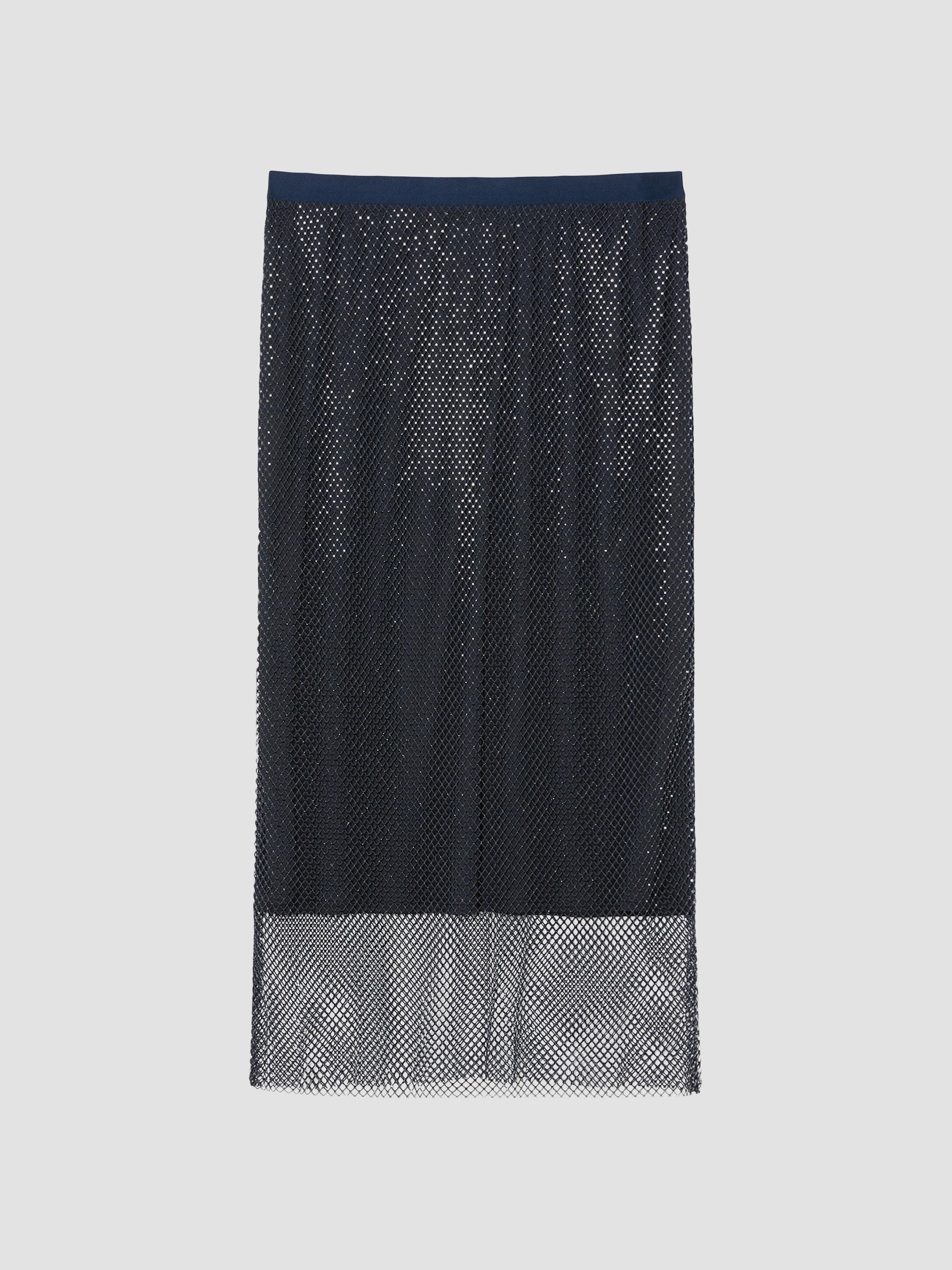 Marina Rinaldi Women's Rhinestone Adorned Mesh Jersey Skirt - Midnight Blue - Size Large