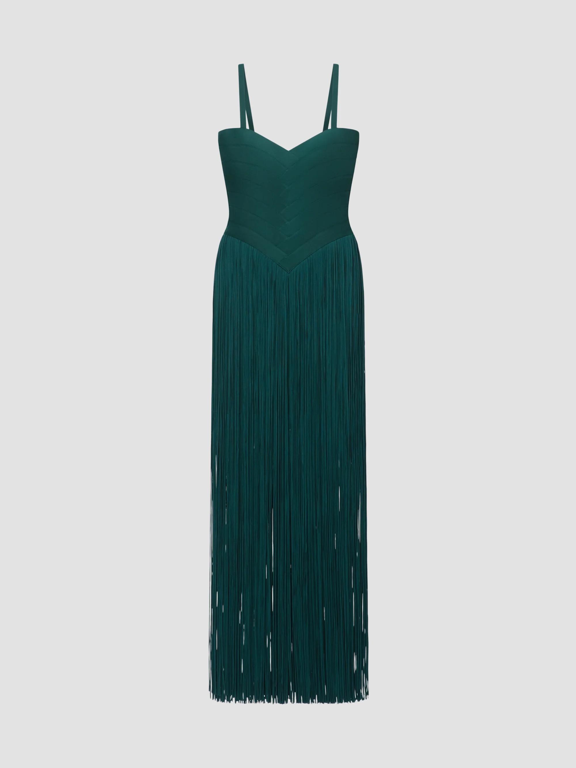 Hervé Léger Draped Fringe One-Shoulder Gown