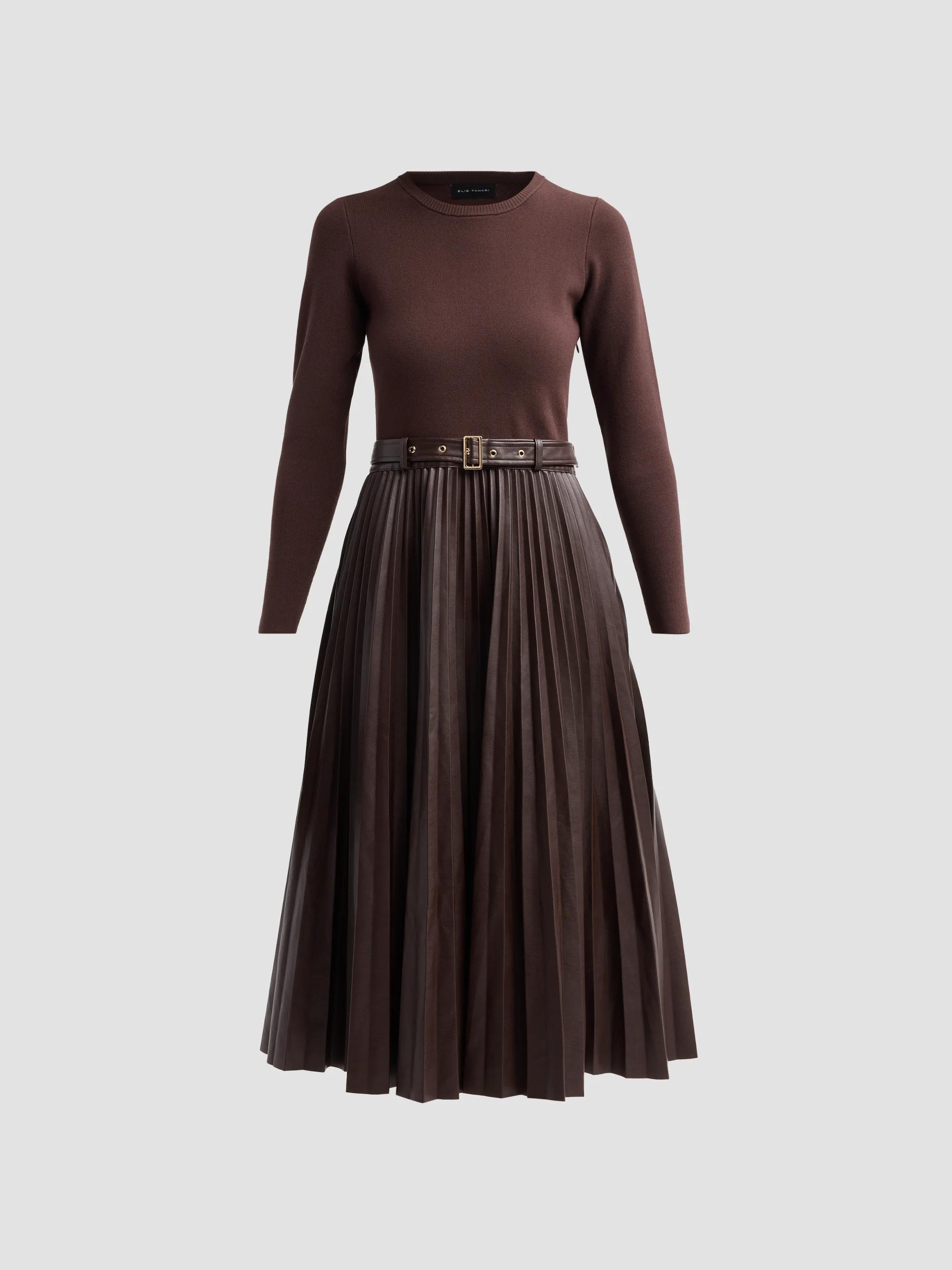 t tahari collared faux leather dress Elie Allison Mixed-Media Long-Sleeve SpringBridesmaid
