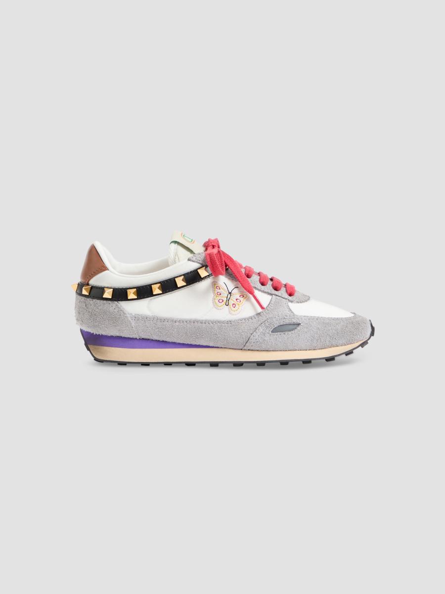 Valentino Garavani Women's Stud Up Sneaker In Split Leather And Nylon With Butterfly Embroidery In White Multicolor