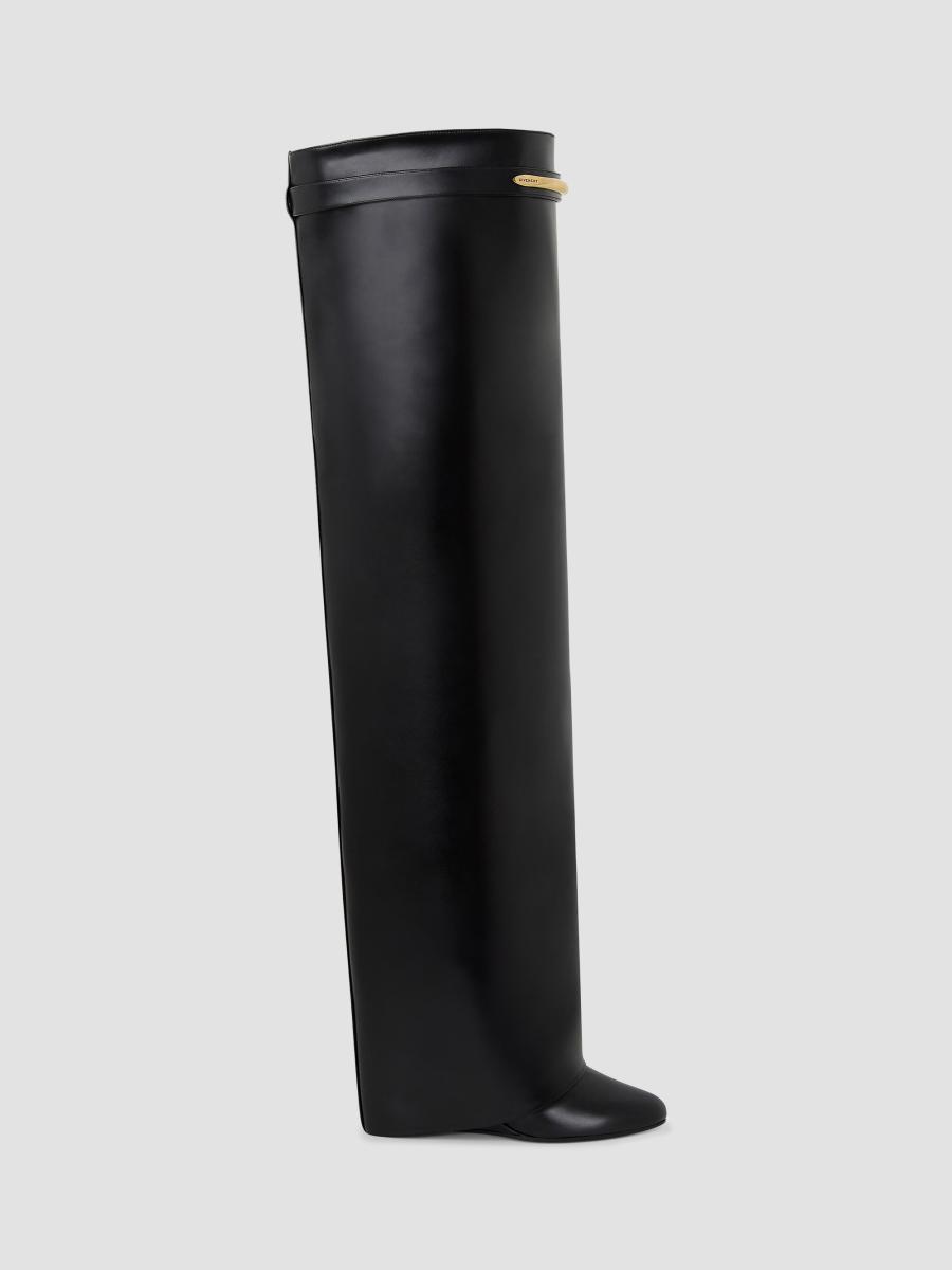 Givenchy Women Black Sandals With Logo Plaque On The Front And High Wedge Heel In Leather Woman In Black Golden