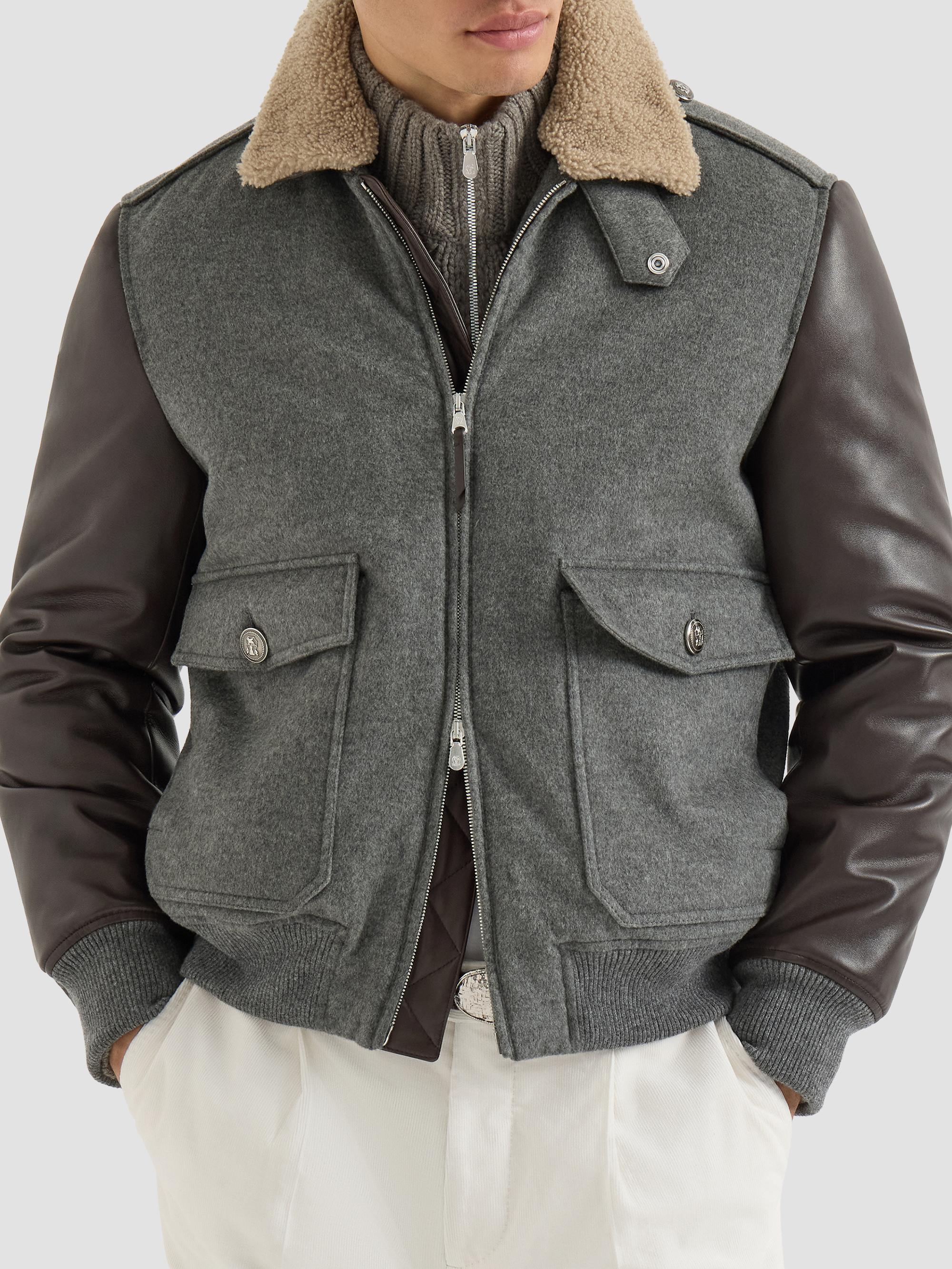 Brunello Cucinelli Men's Bonded Cashmere Beaver Cloth and Nappa Leather Bomber Jacket - Medium Grey | Thumbnail 2
