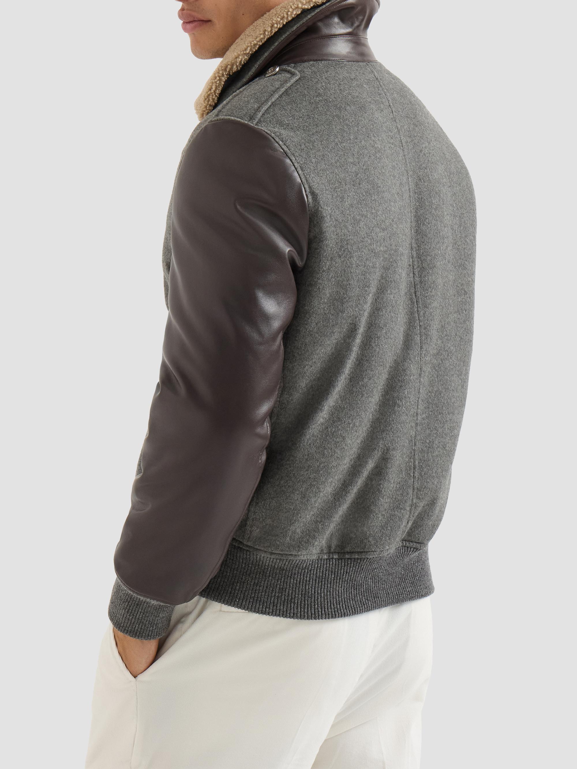 Brunello Cucinelli Men's Bonded Cashmere Beaver Cloth and Nappa Leather Bomber Jacket - Medium Grey | Thumbnail 3