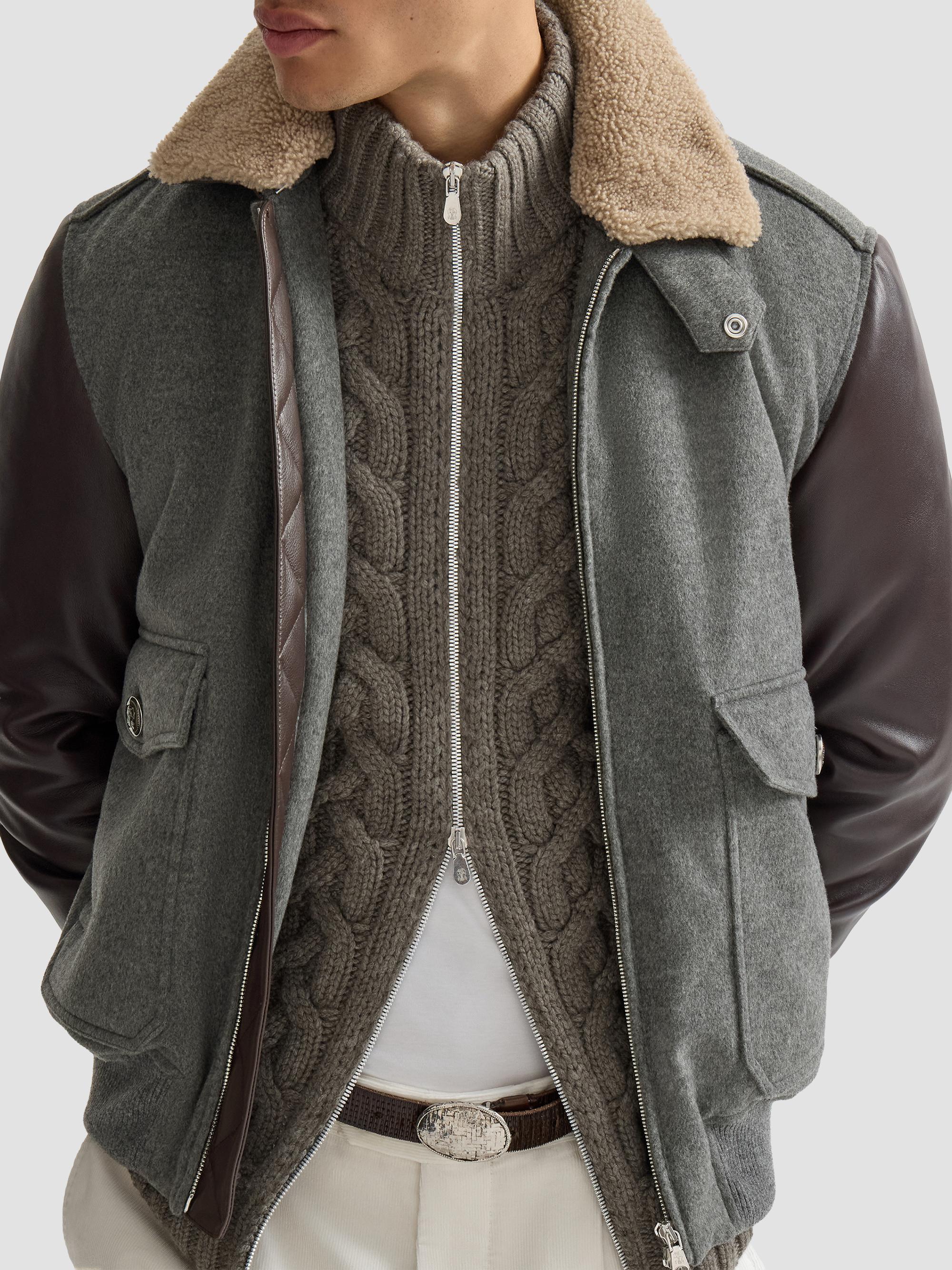 Brunello Cucinelli Men's Bonded Cashmere Beaver Cloth and Nappa Leather Bomber Jacket - Medium Grey | Thumbnail 4