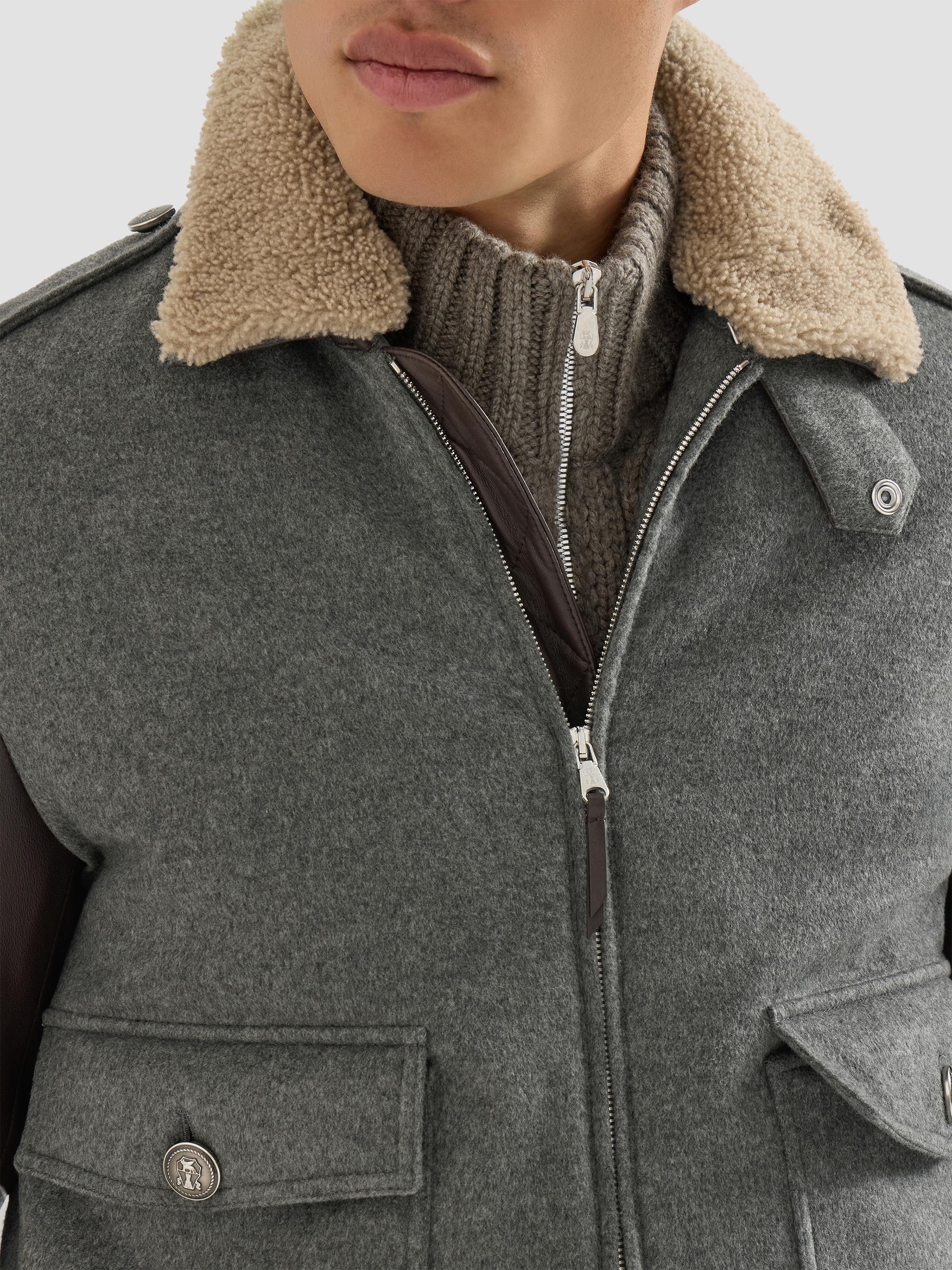 Brunello Cucinelli Men's Bonded Cashmere Beaver Cloth and Nappa Leather Bomber Jacket - Medium Grey | Thumbnail 5