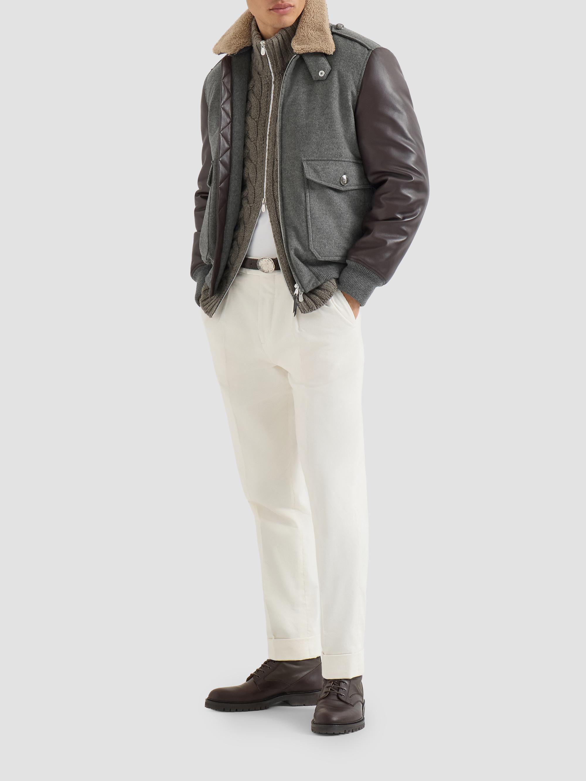 Brunello Cucinelli Men's Bonded Cashmere Beaver Cloth and Nappa Leather Bomber Jacket - Medium Grey | Thumbnail 6