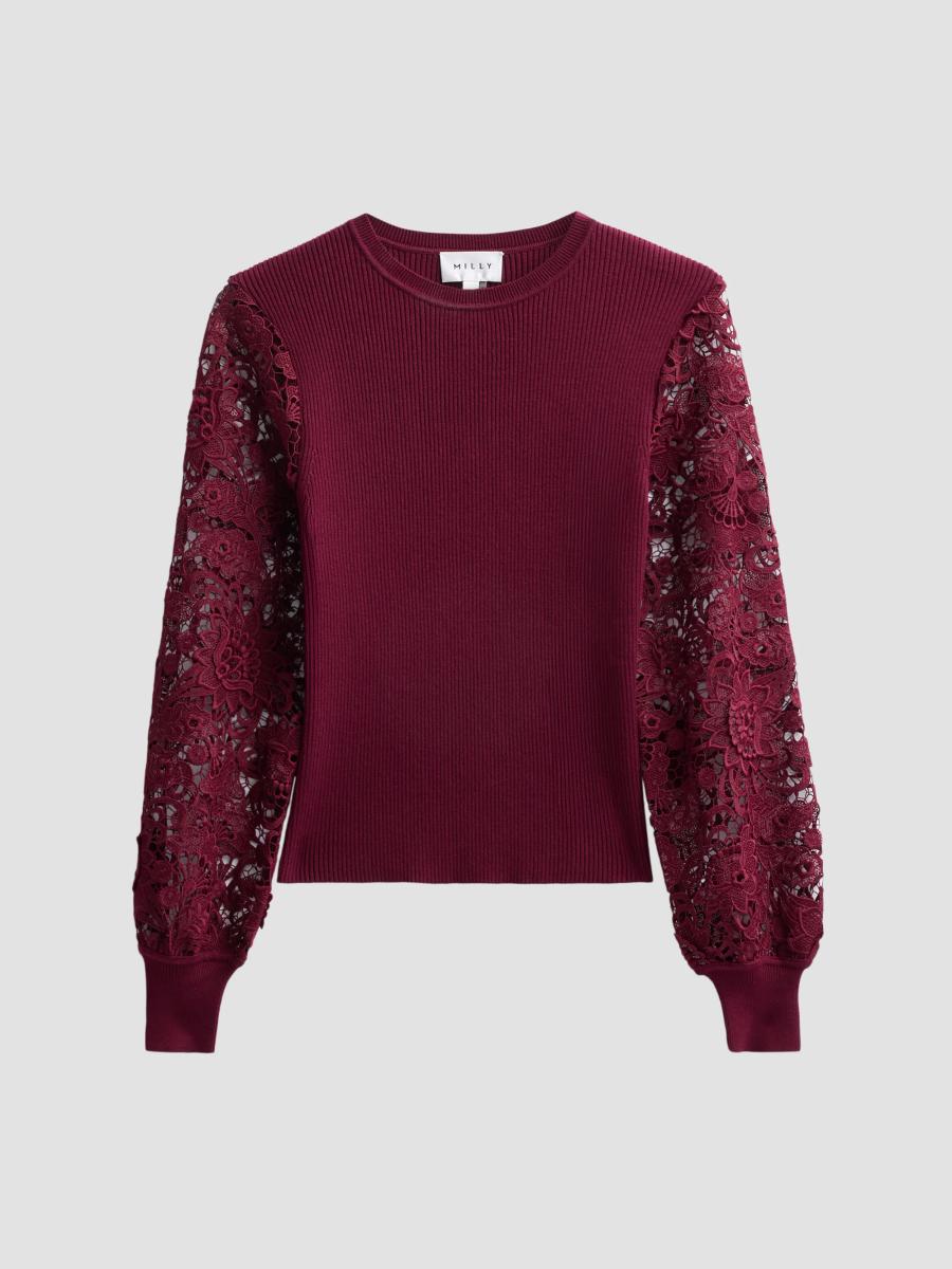 Milly Women's Josette Lace-sleeve Crewneck Sweater In Burgundy