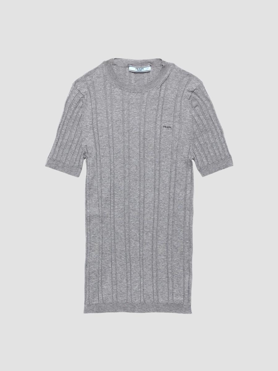 Prada Women's Short-sleeved Ribbed Knit Cotton Sweater In Grey