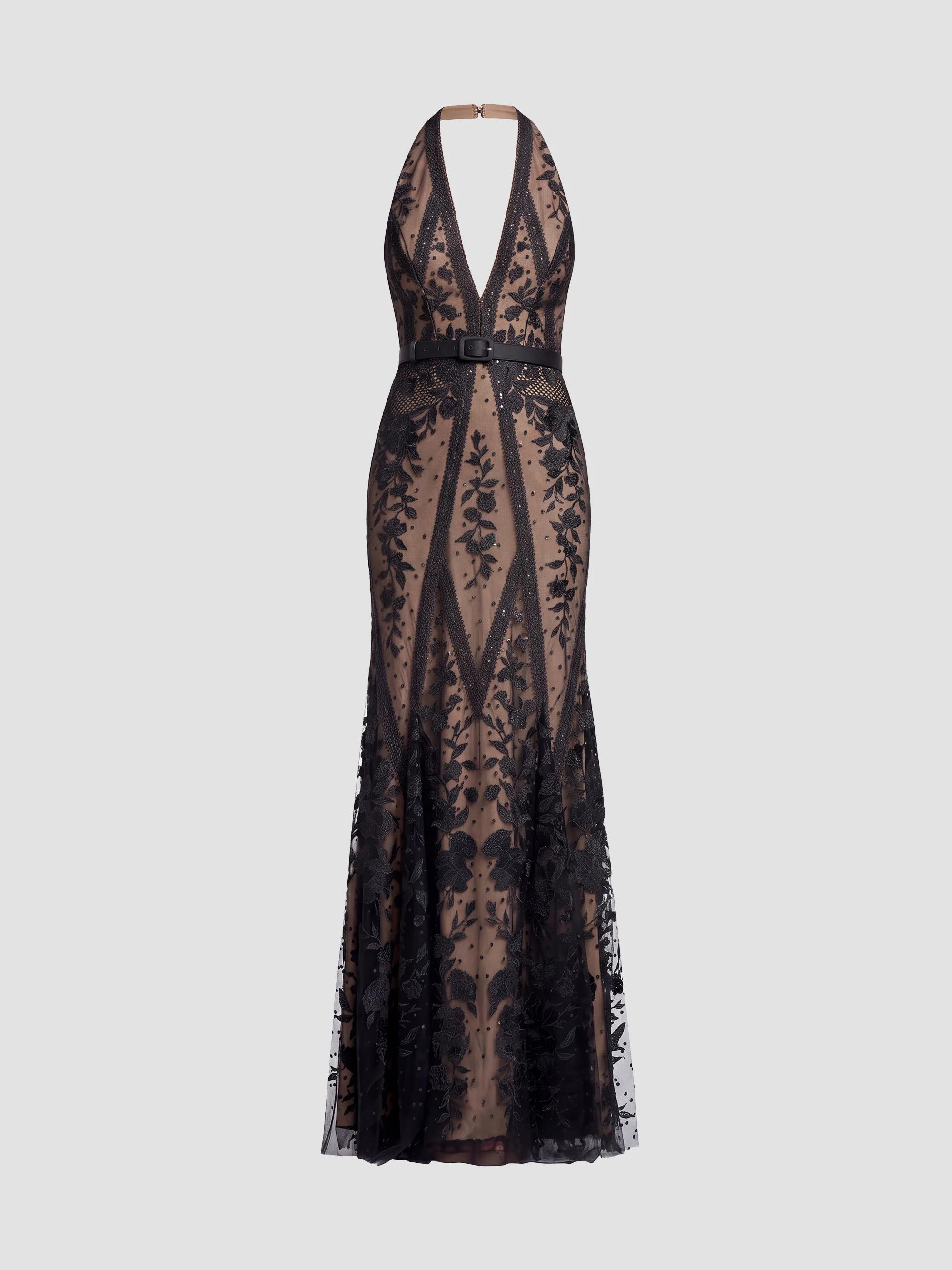 dress the population sidney v-neck a-line lace floral appliqué gown Sheer neck and Vd back