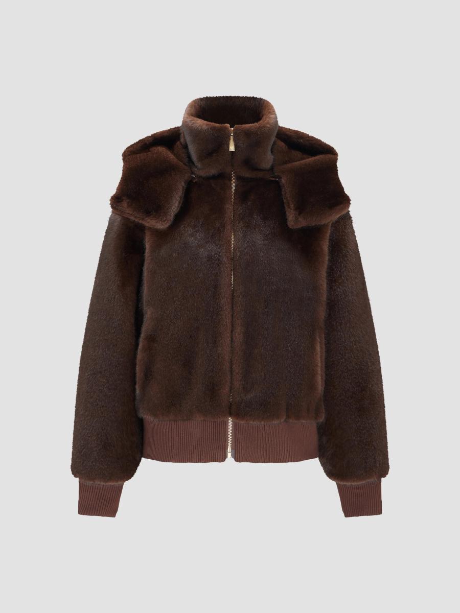 Lyla Grant Women's Mink Hooded Jacket With Knitted Cuffs And Bottom In Dark Brown