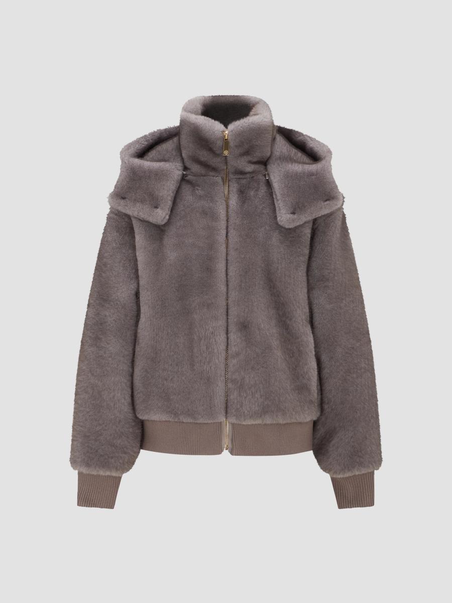 Lyla Grant Women's Mink Hooded Jacket With Knitted Cuffs And Bottom In Dark Grey