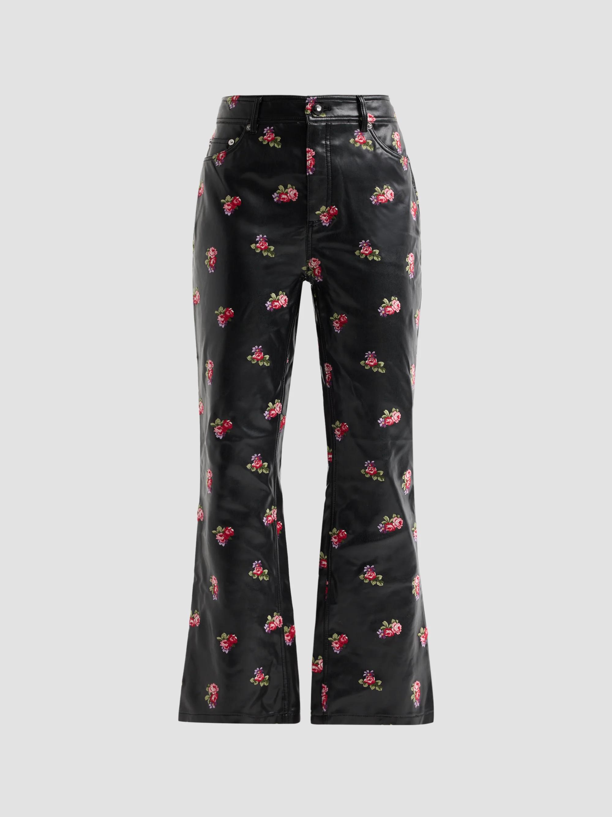 Women's Stevie Rose-Embroidered Faux-Leather Crop Pants - Black Multi - Size 0